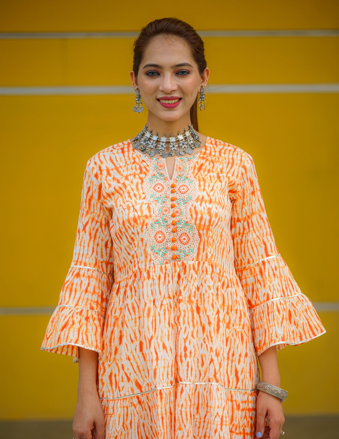 Tangy Tangerine Shibori Kurti with Embroidered Lace Work