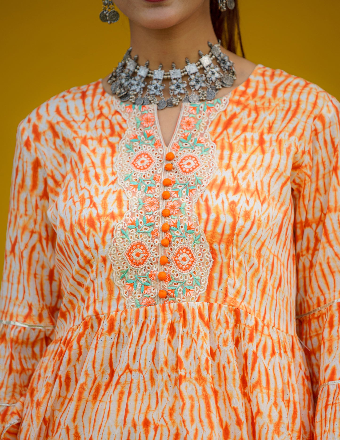 Tangy Tangerine Shibori Kurti with Embroidered Lace Work