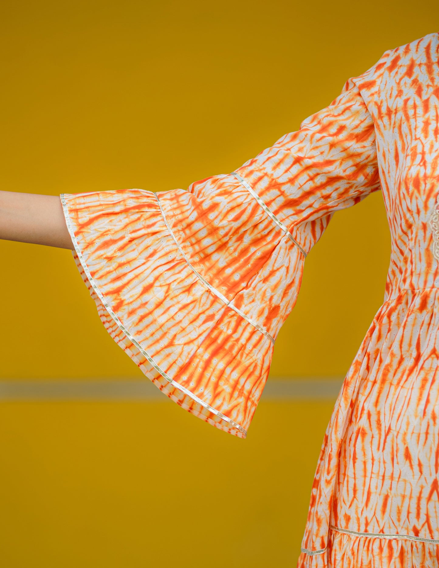 Tangy Tangerine Shibori Kurti with Embroidered Lace Work