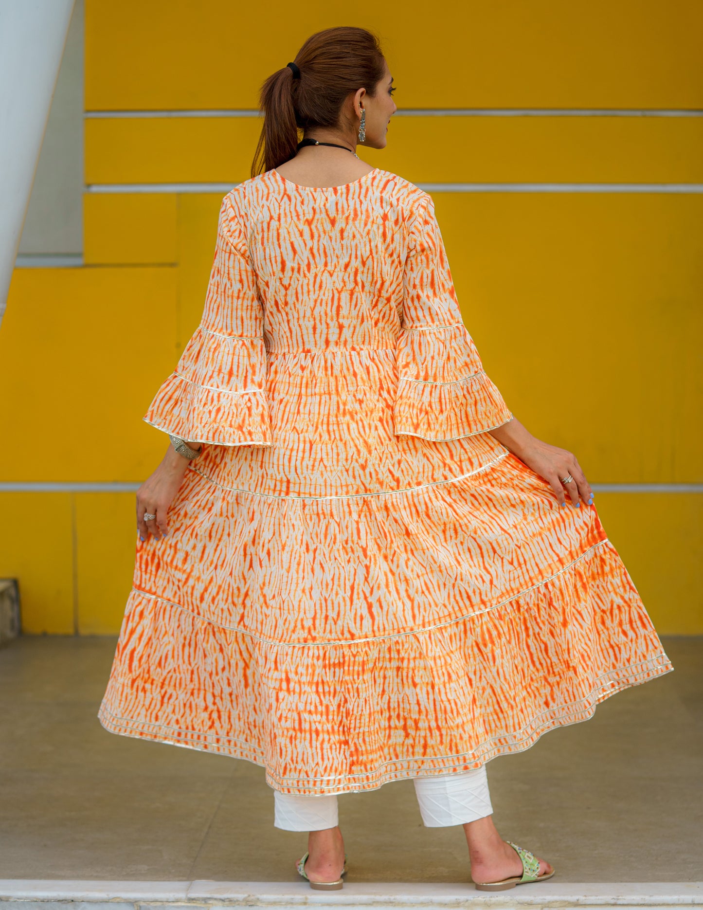 Tangy Tangerine Shibori Kurti with Embroidered Lace Work