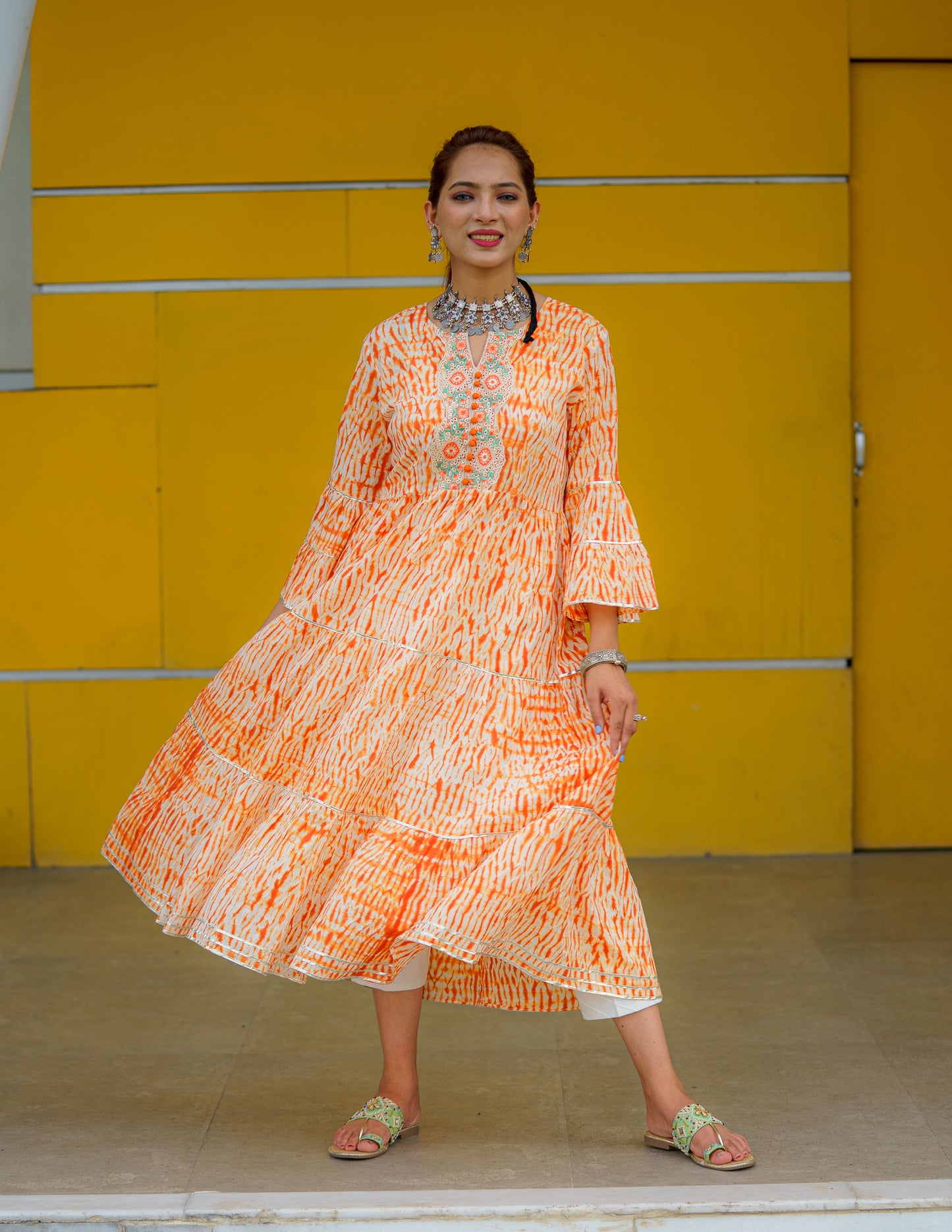 Tangy Tangerine Shibori Kurti with Embroidered Lace Work