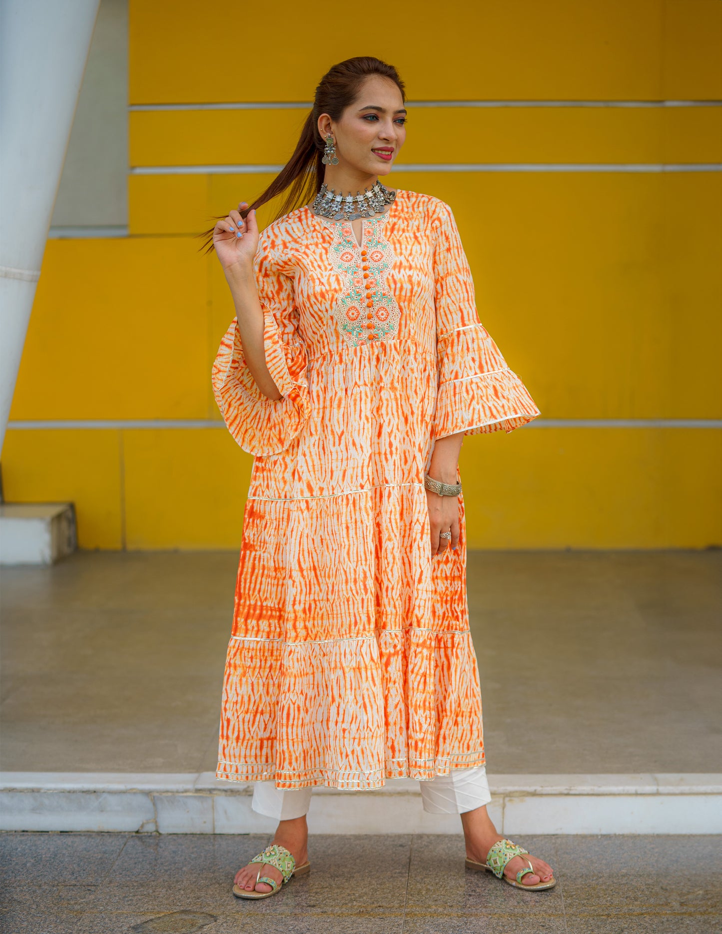 Tangy Tangerine Shibori Kurti with Embroidered Lace Work