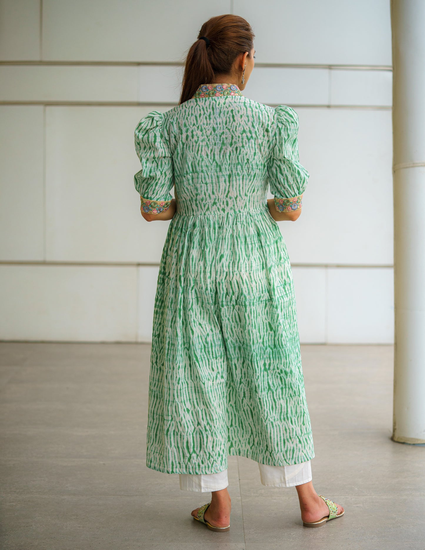 Enchanting Jade Shibori Kurti With Embroidered Lace Work