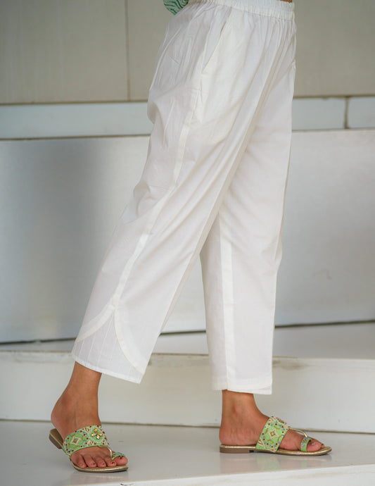 White Straight Cotton Pant with Side Pleats