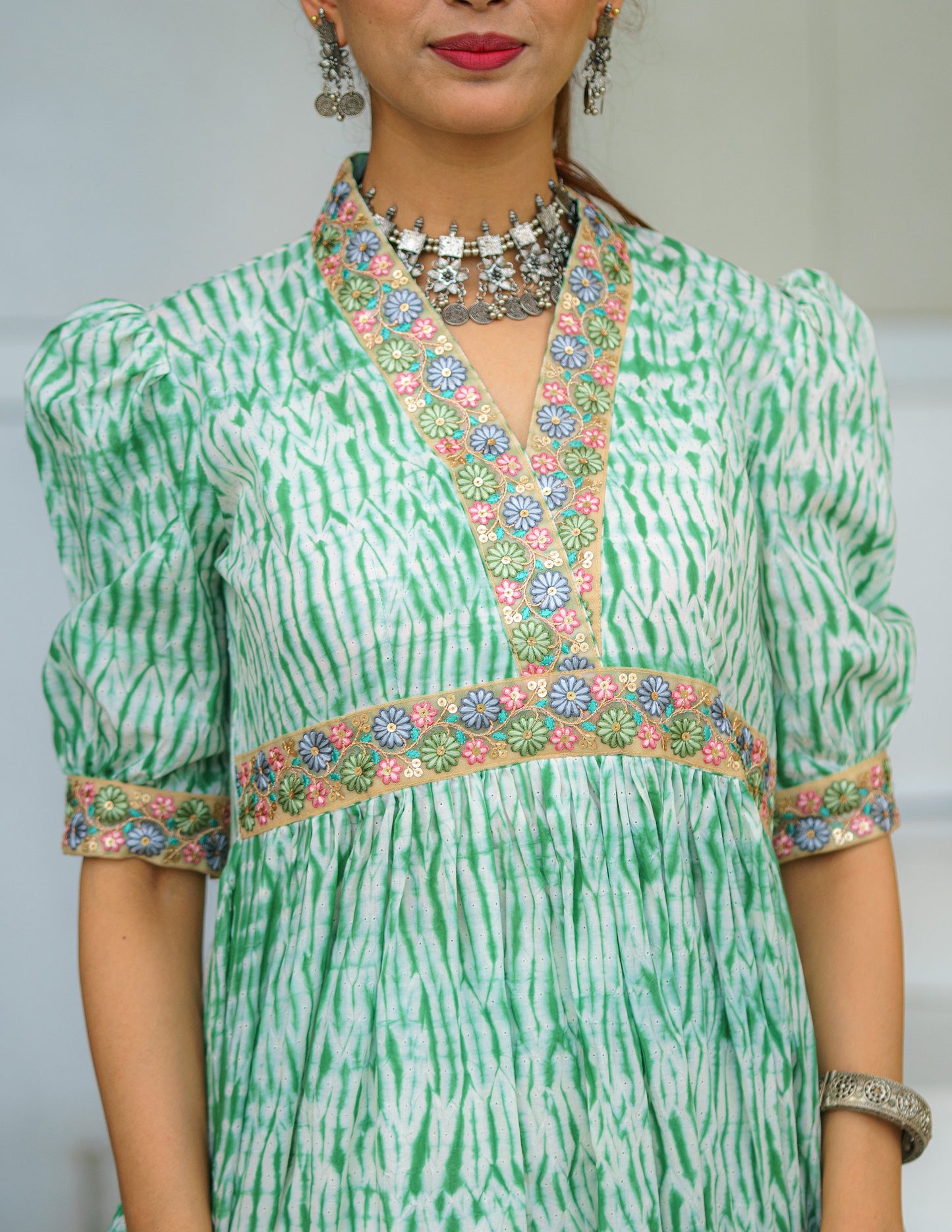 Enchanting Jade Shibori Kurti With Embroidered Lace Work