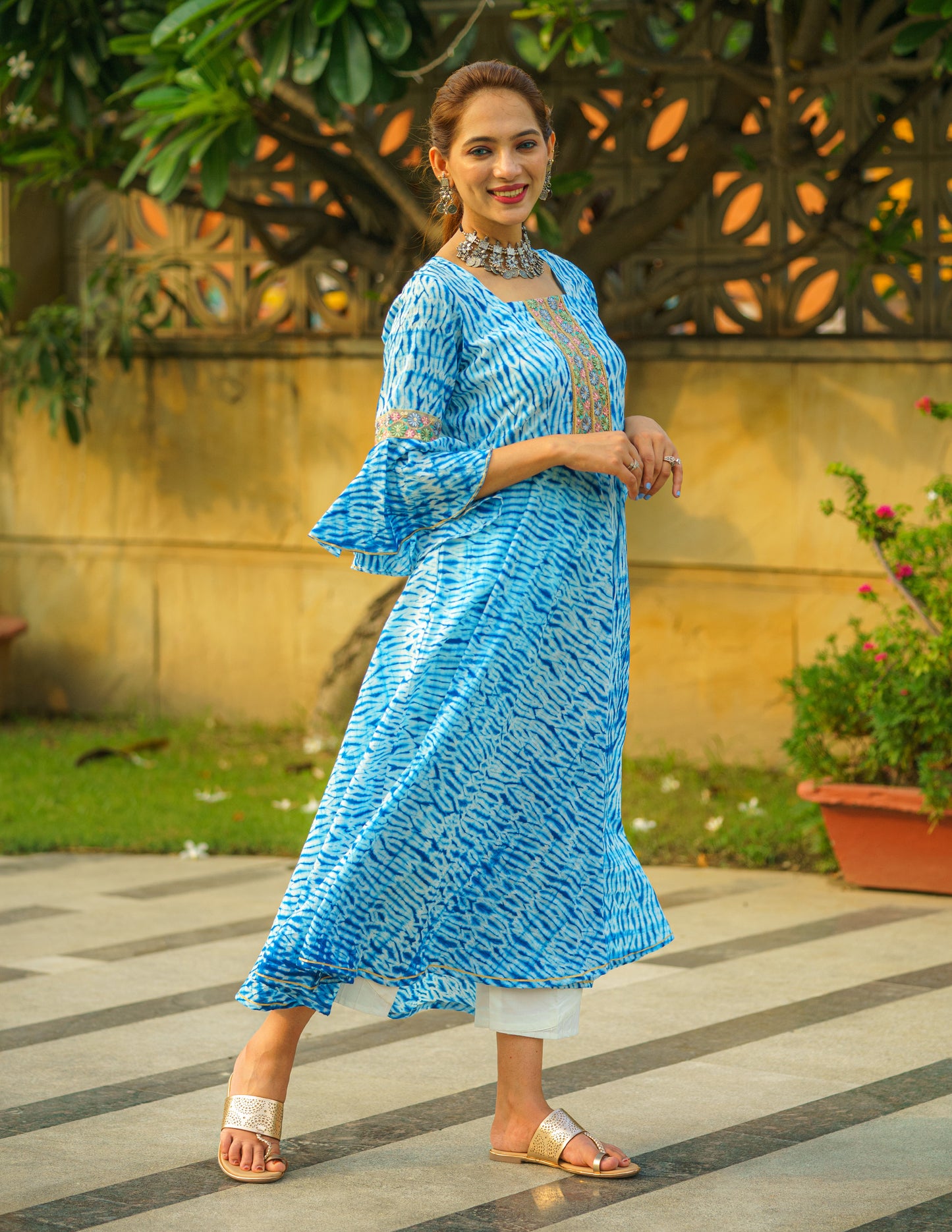 Azure Dream Shibori Kurti With Embroidered Lace Work