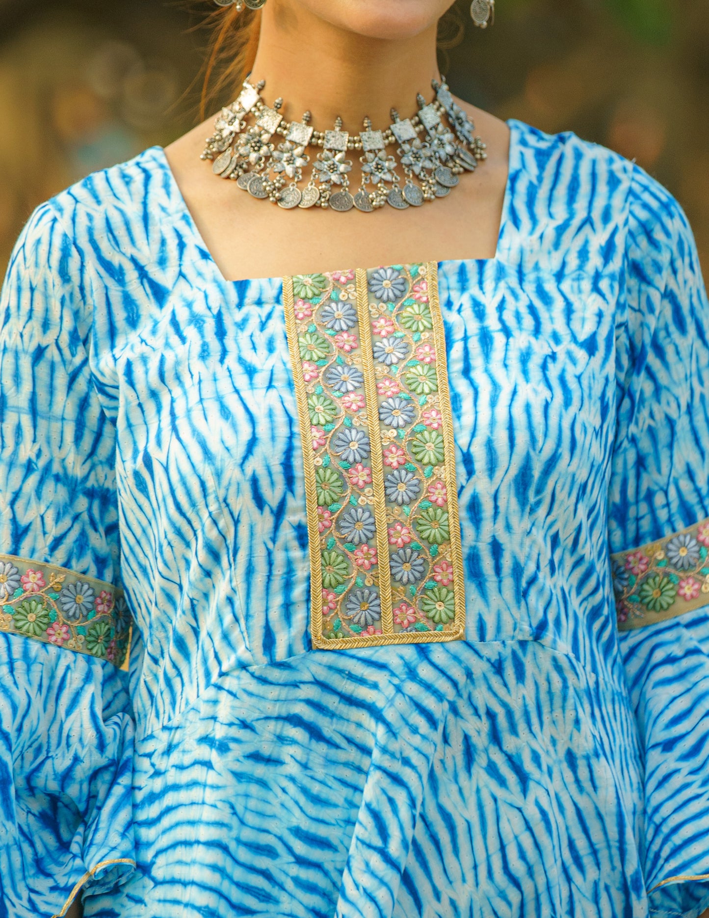 Azure Dream Shibori Kurti With Embroidered Lace Work