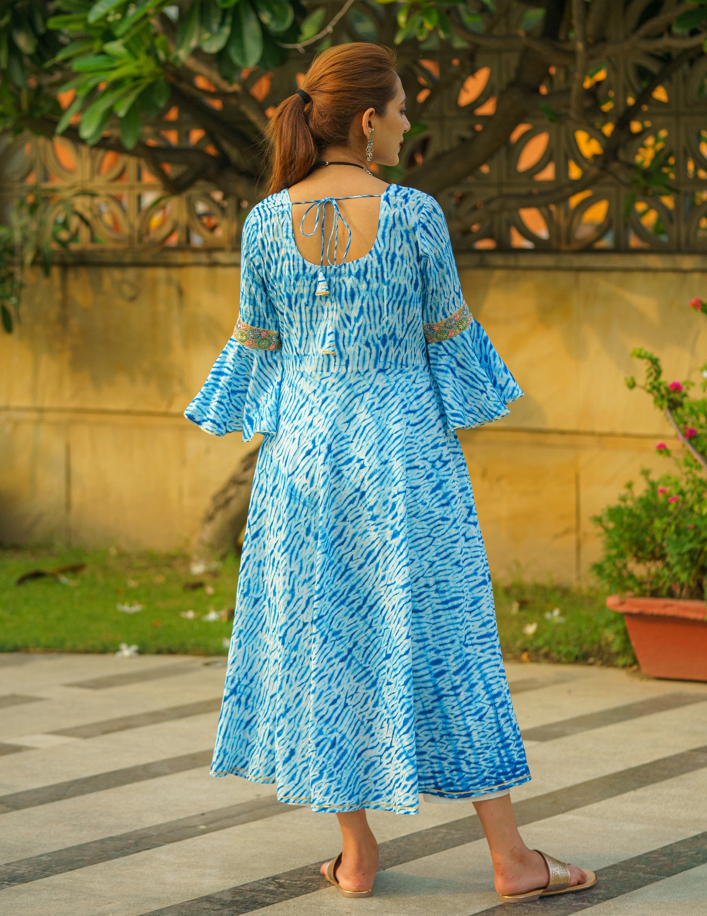 Azure Dream Shibori Kurti With Embroidered Lace Work