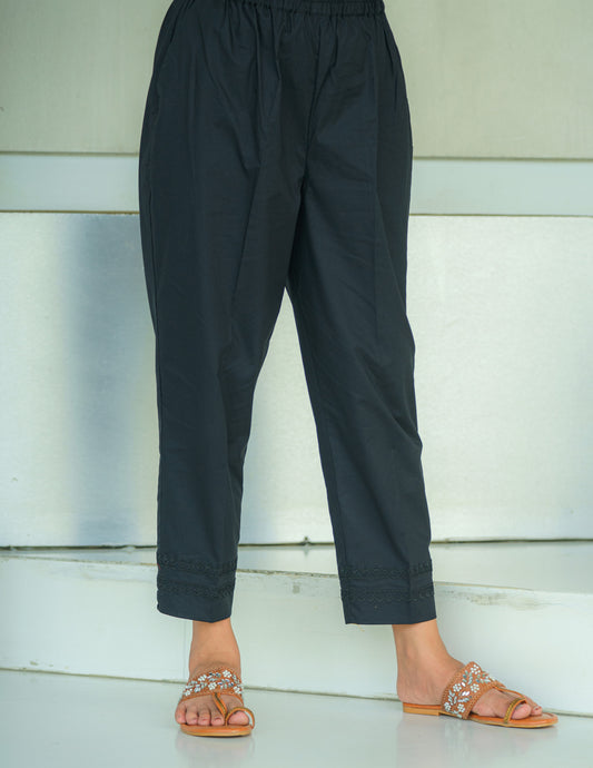 Black Cotton Straight Pant with Lace