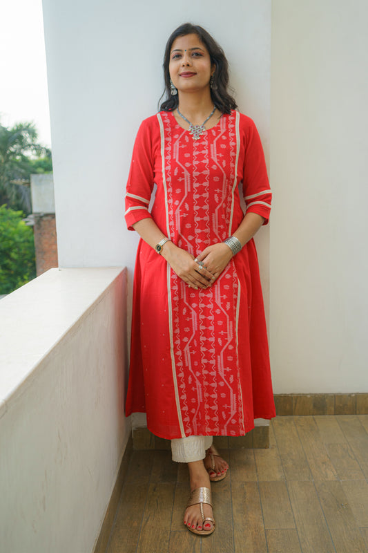 Vibrant Red Bordered Jamdani Kurti