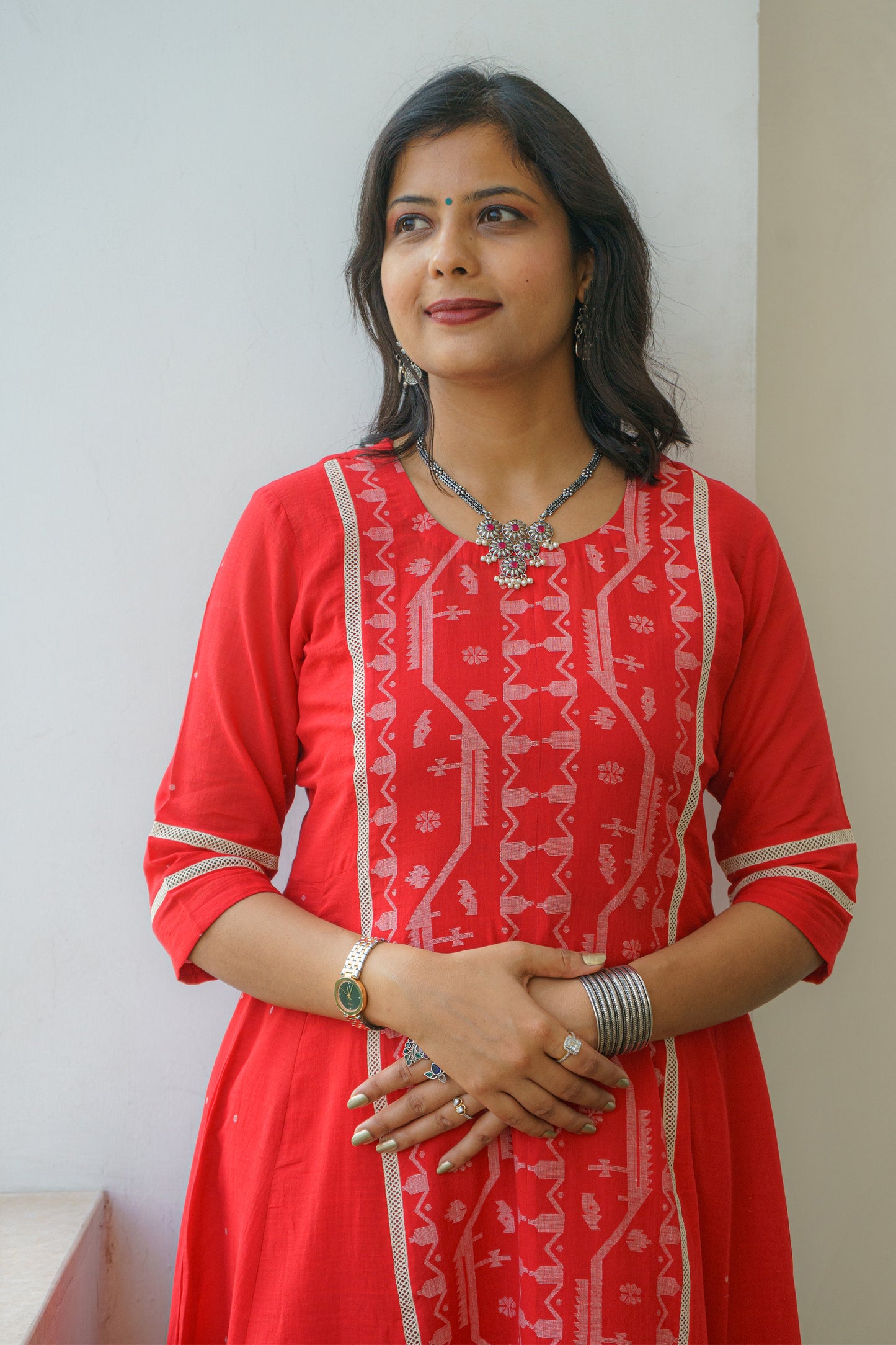 Vibrant Red Bordered Jamdani Kurti