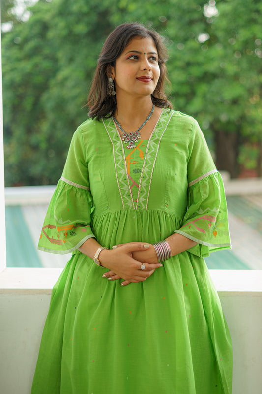 Forest Green Bordered Jamdani Kurta Cum Dress