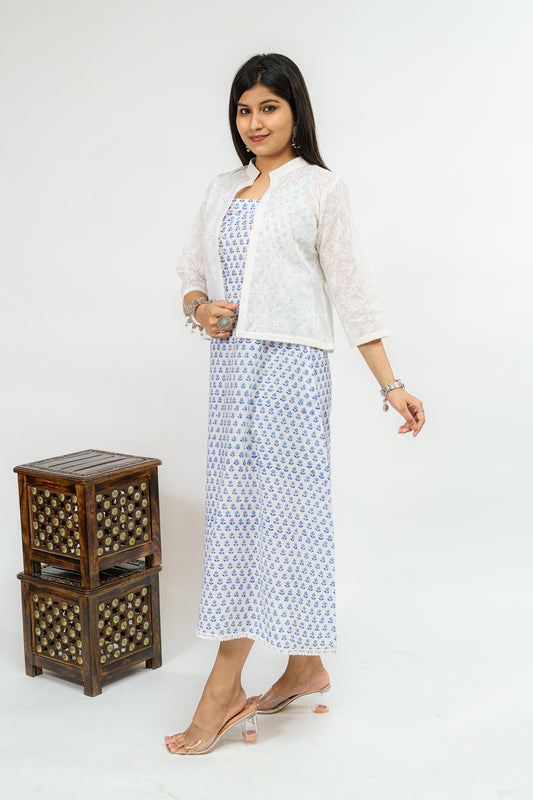 Ice-Cool Timeless Sanganeri Dress with Tepchi Shrug