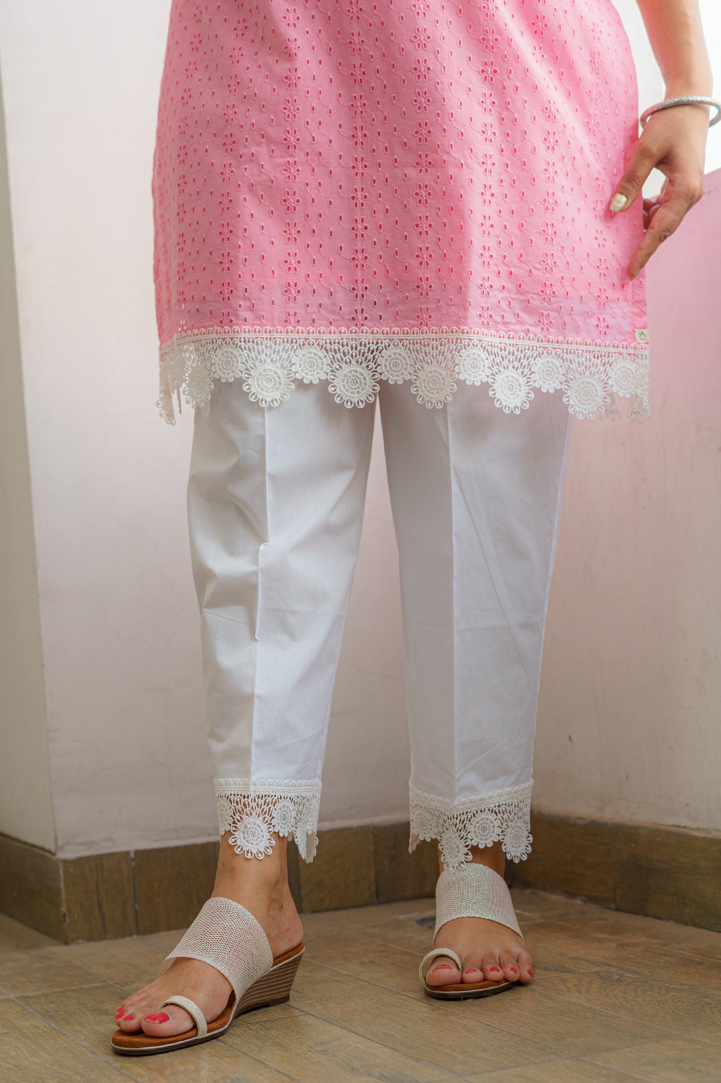 White Cotton Pant with Lace