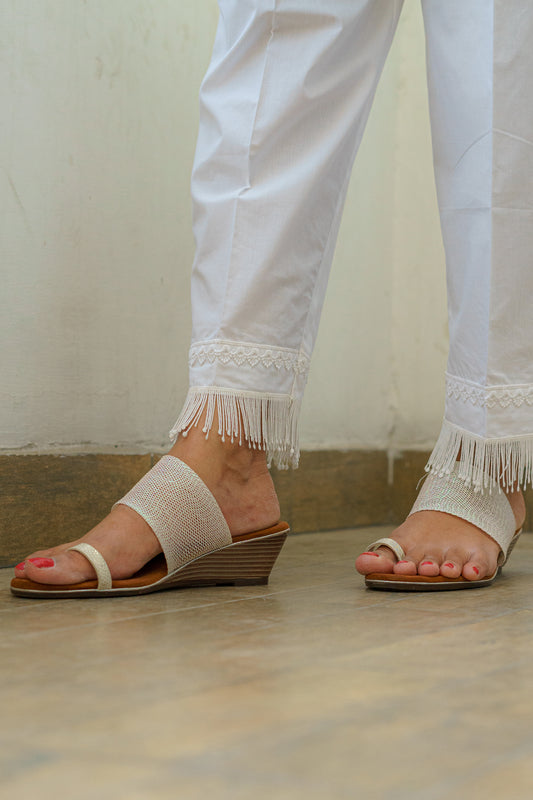 Off-White Cotton Pant with Fringes