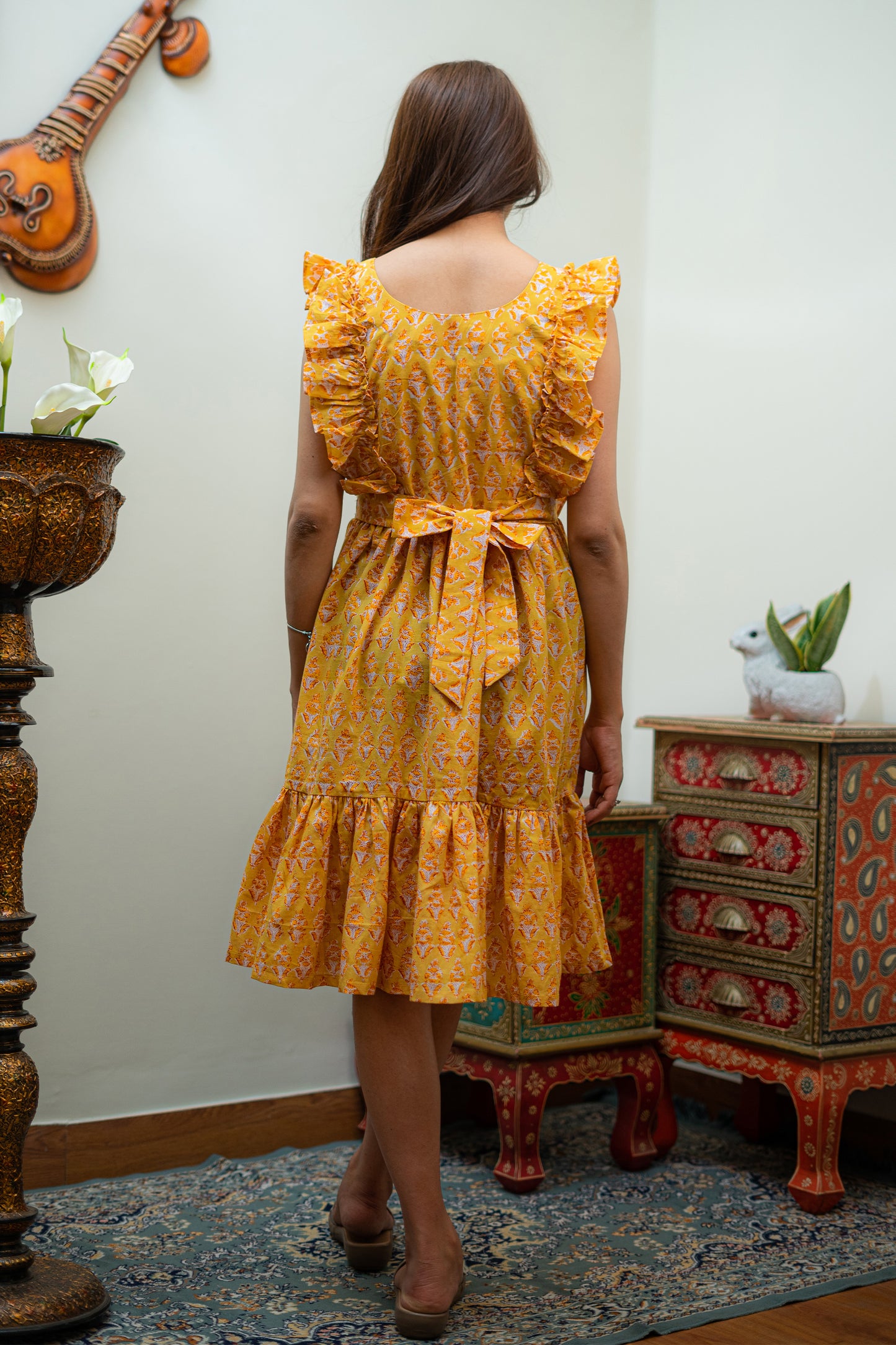 Marigold Ruffles Hand Block Print Dress