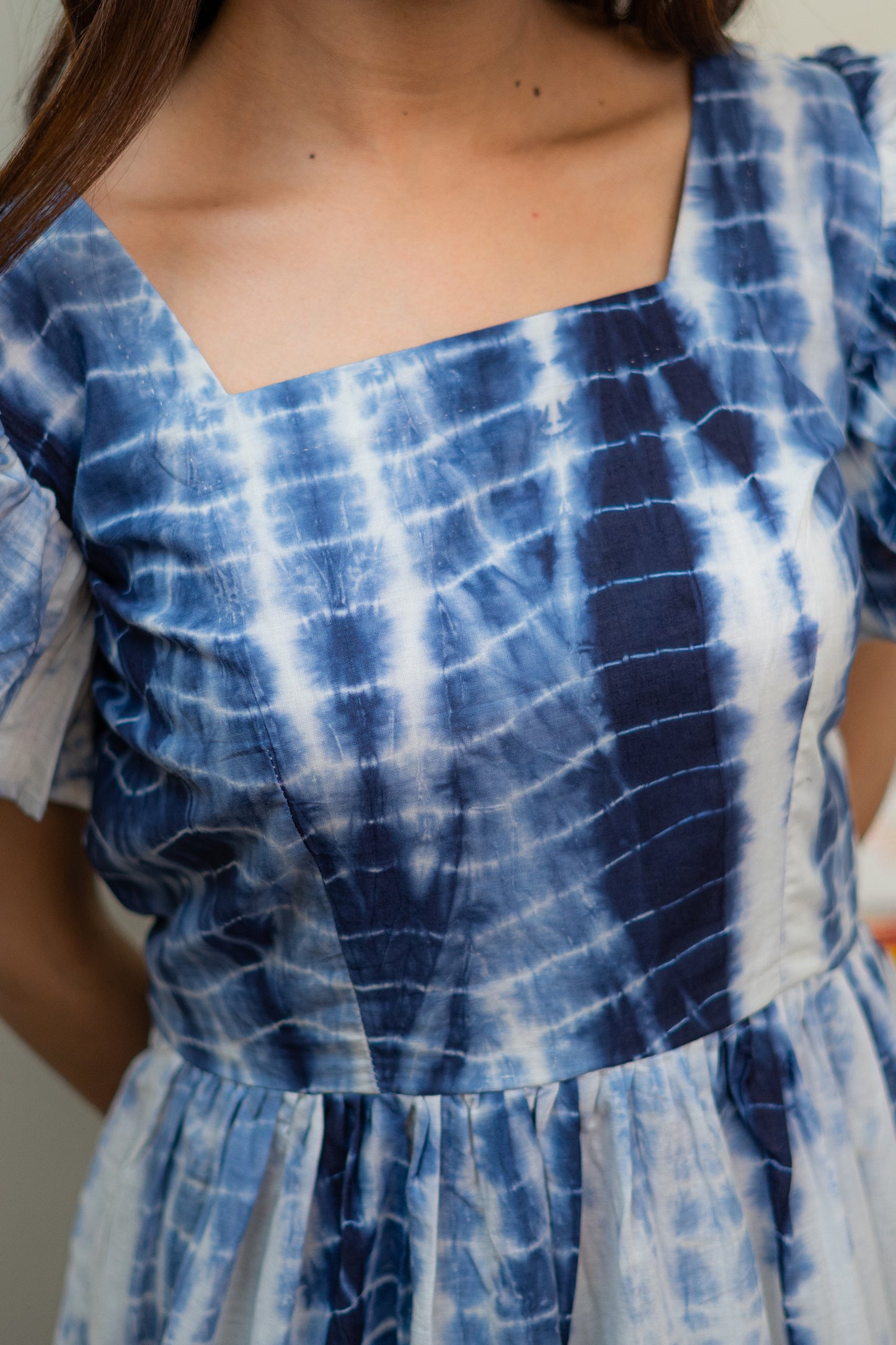 Indigo Ruffle Sleeve Shibori Dress