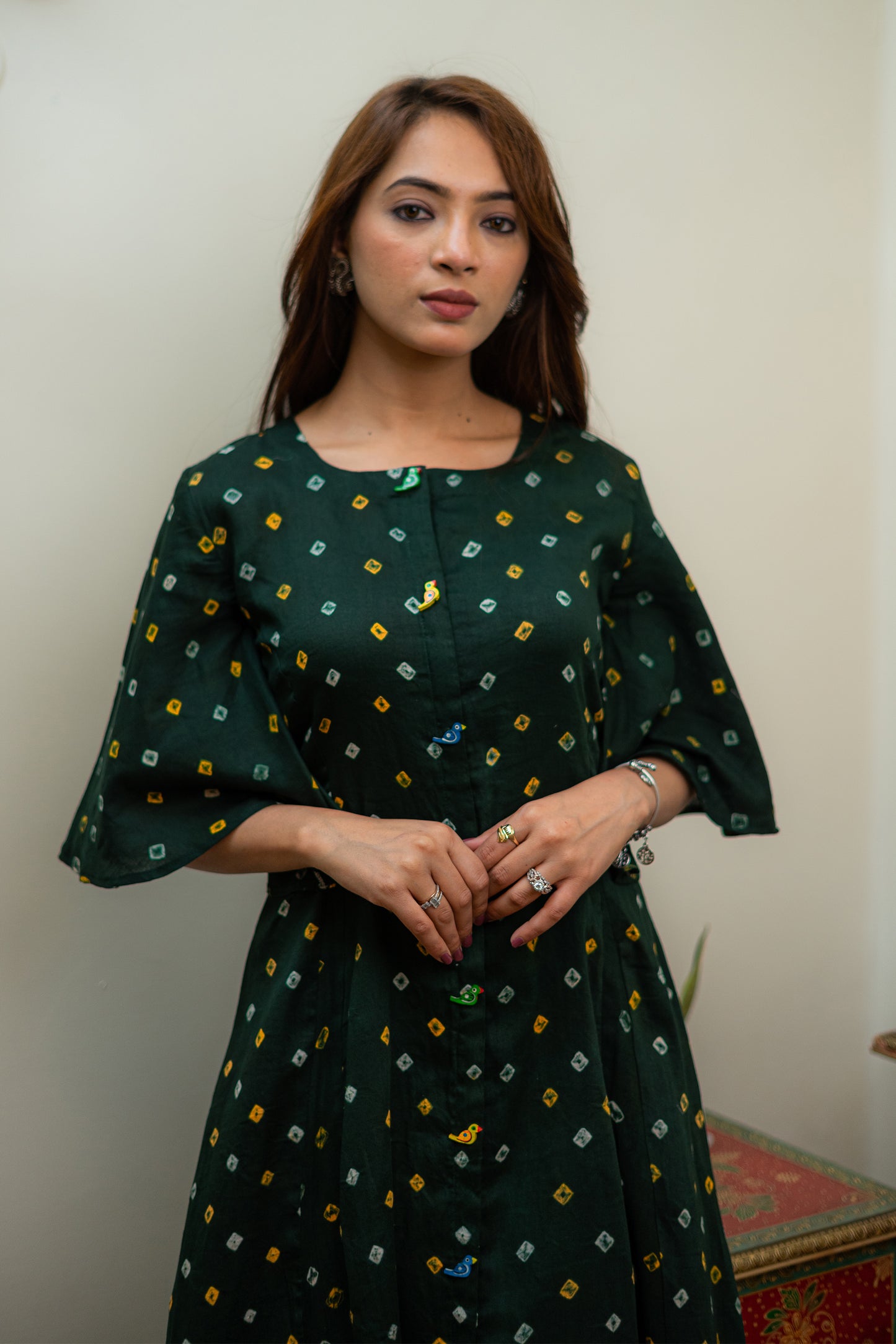 Emerald Flare Sleeve Bandhani Midi