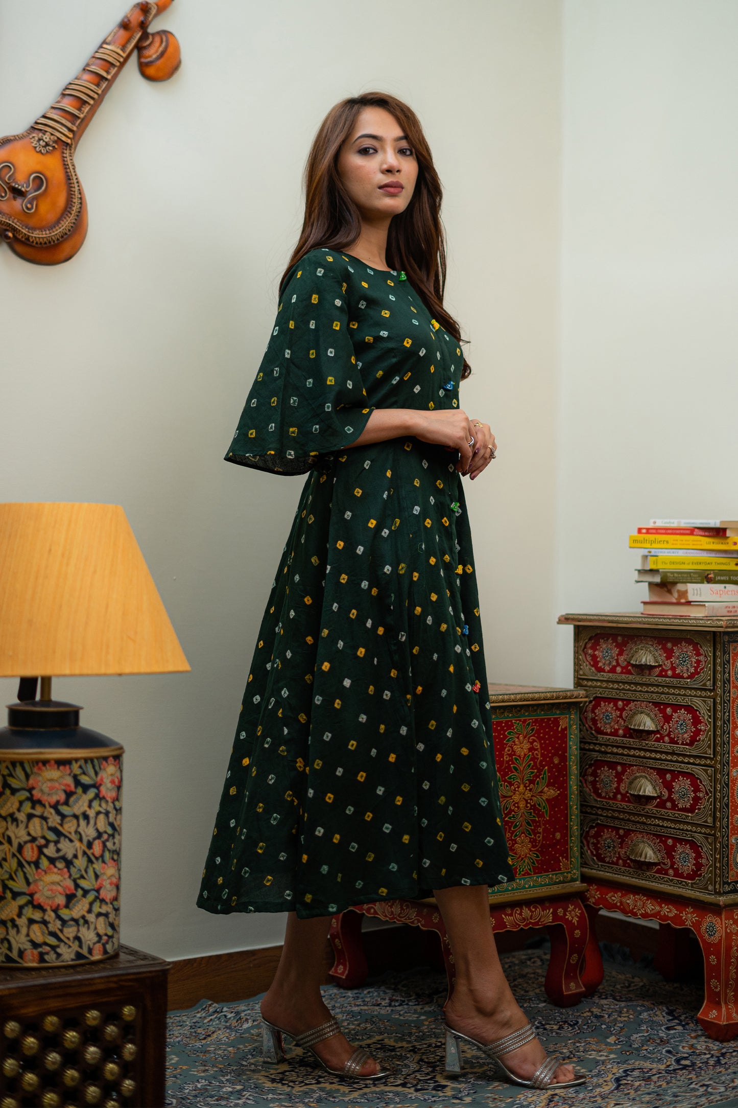 Emerald Flare Sleeve Bandhani Midi