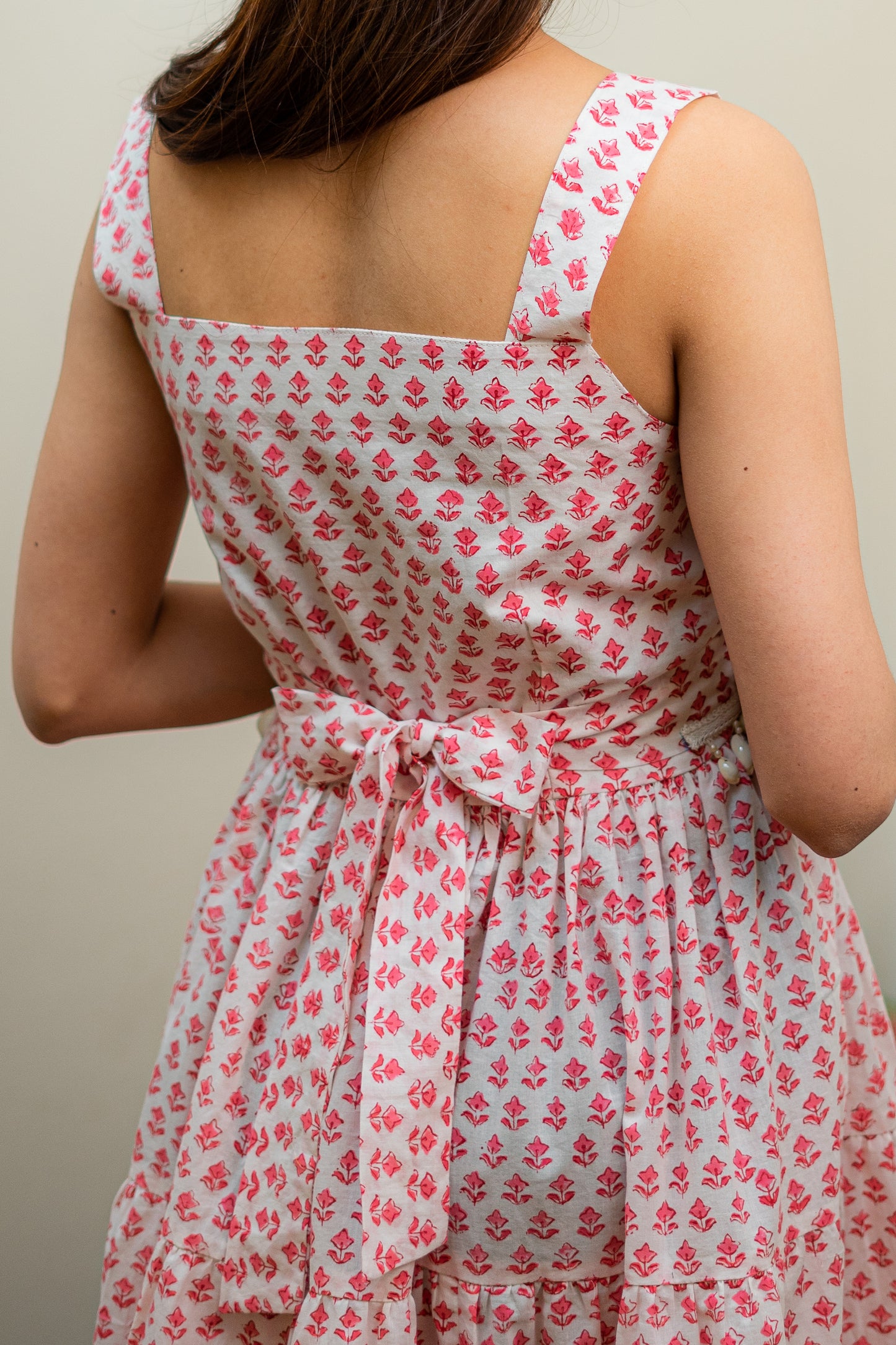 Shell Belt Pink Floral Hand Block Dress