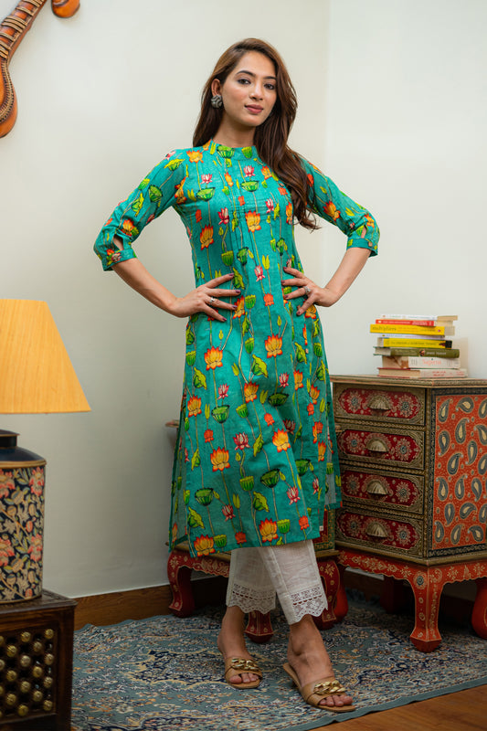 Aquamarine Pichwai Art Front Pleated Kurta