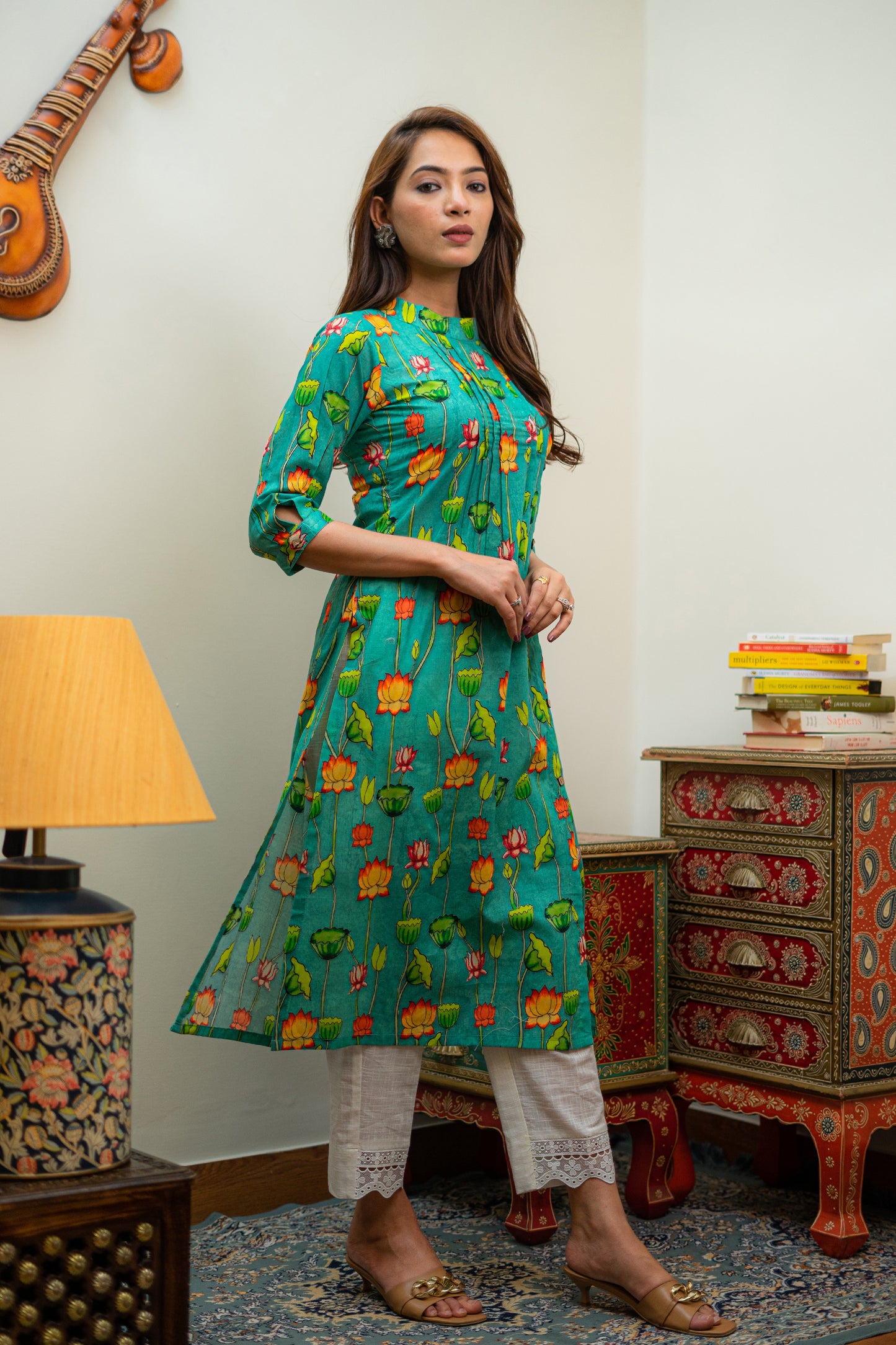 Aquamarine Pichwai Art Front Pleated Kurta