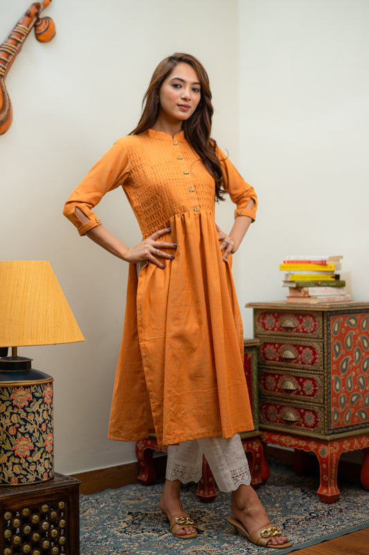 Tangerine Gathered and high slit Kurta