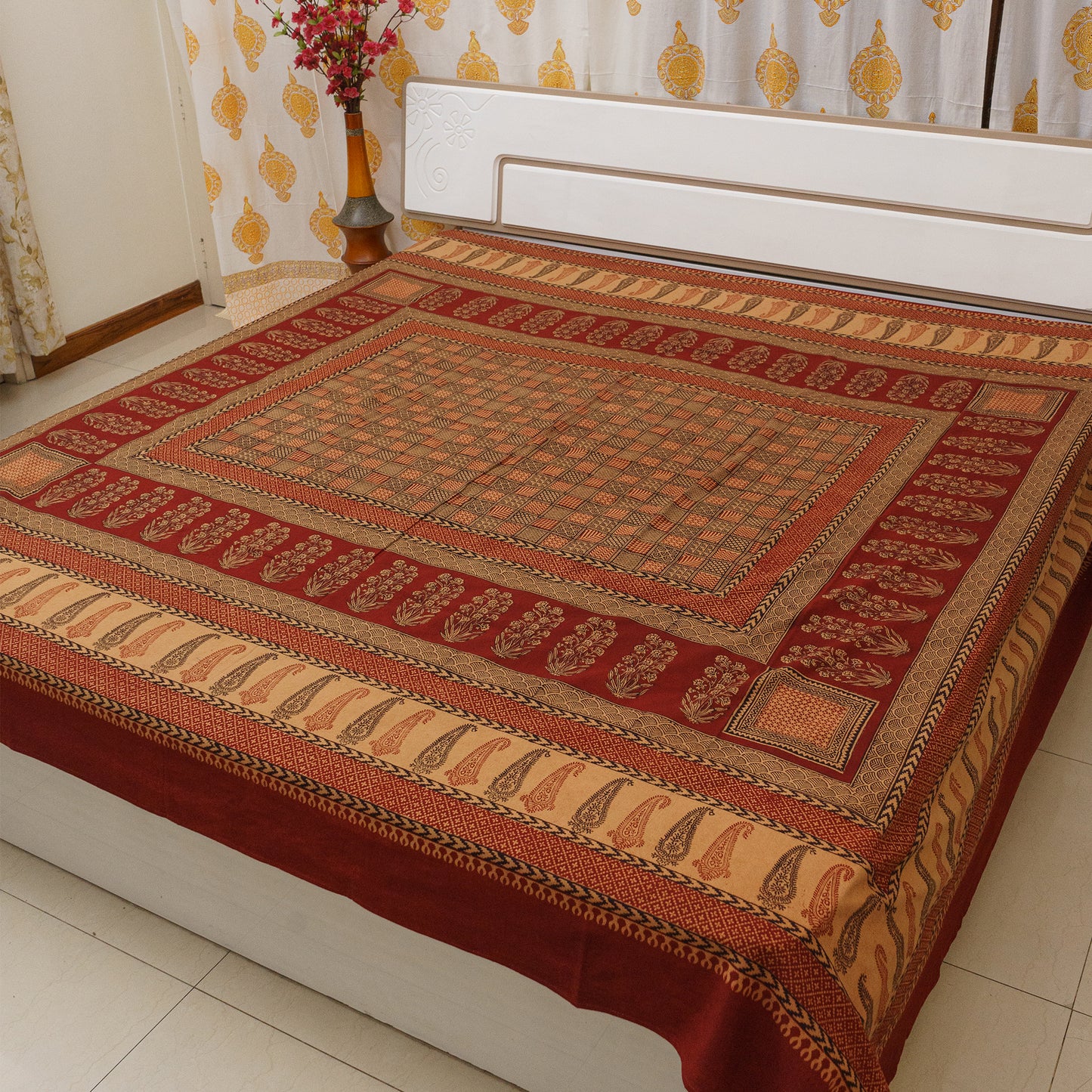 Cinnamon & Clove Bagh Block Printed Double Bedcover