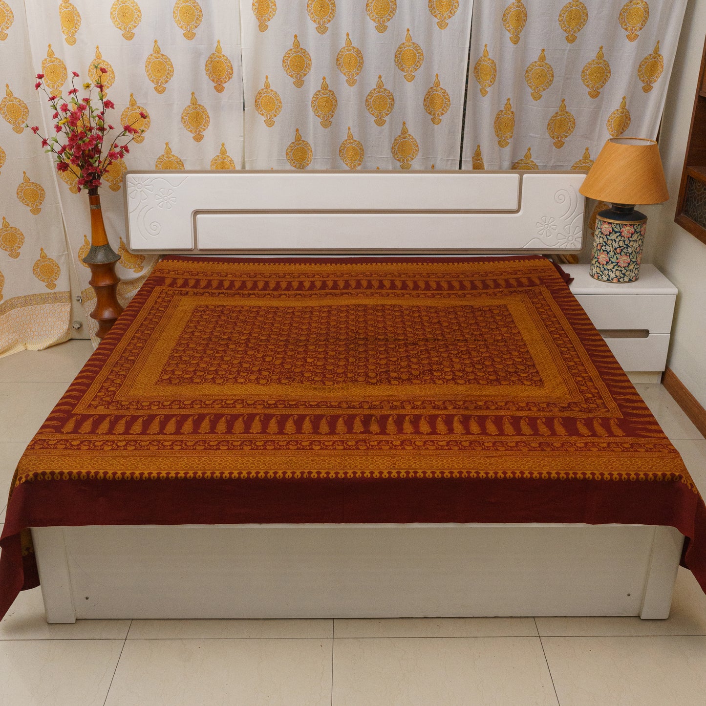 Rustic Peanut Bagh Block Printed Double Bedcover