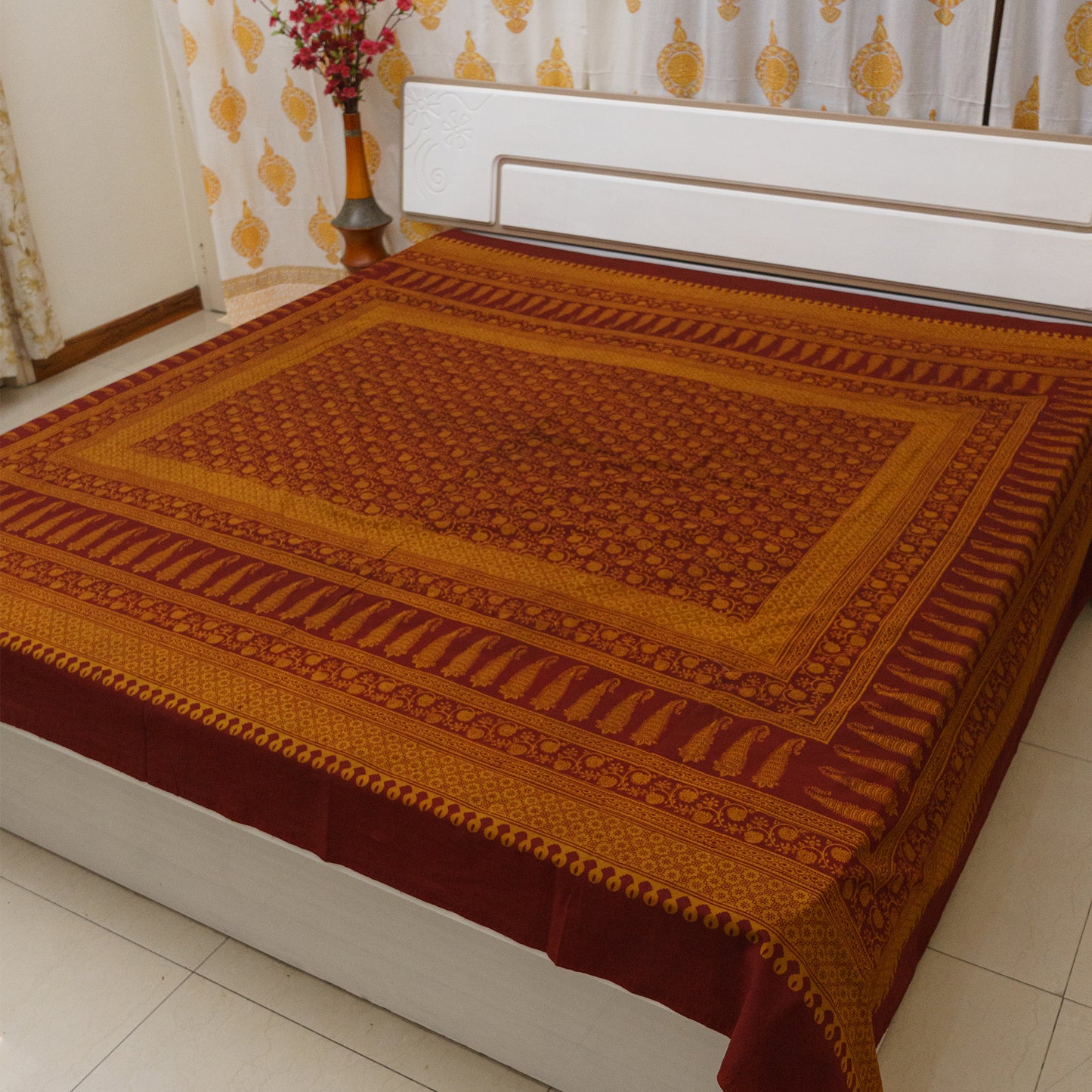 Rustic Peanut Bagh Block Printed Double Bedcover