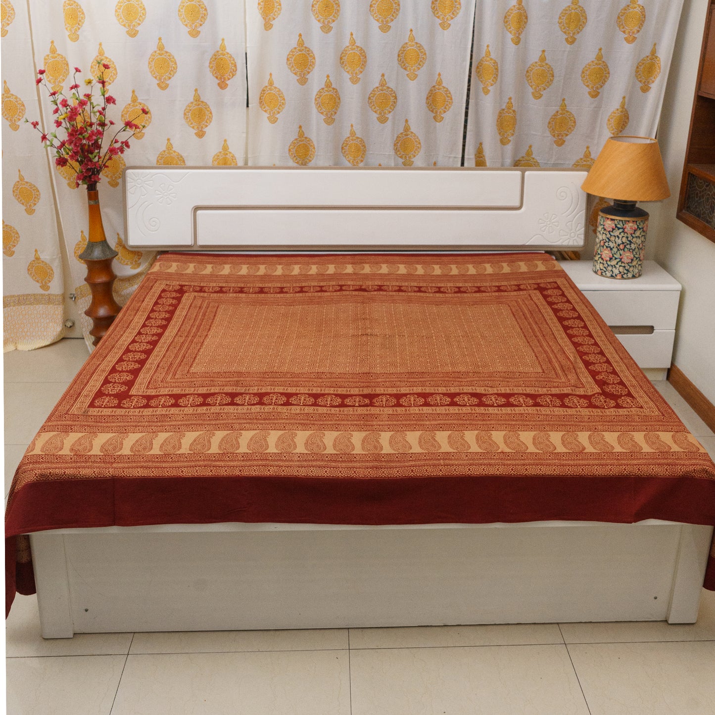 Warm Tan Bagh Block Printed Double Bedcover