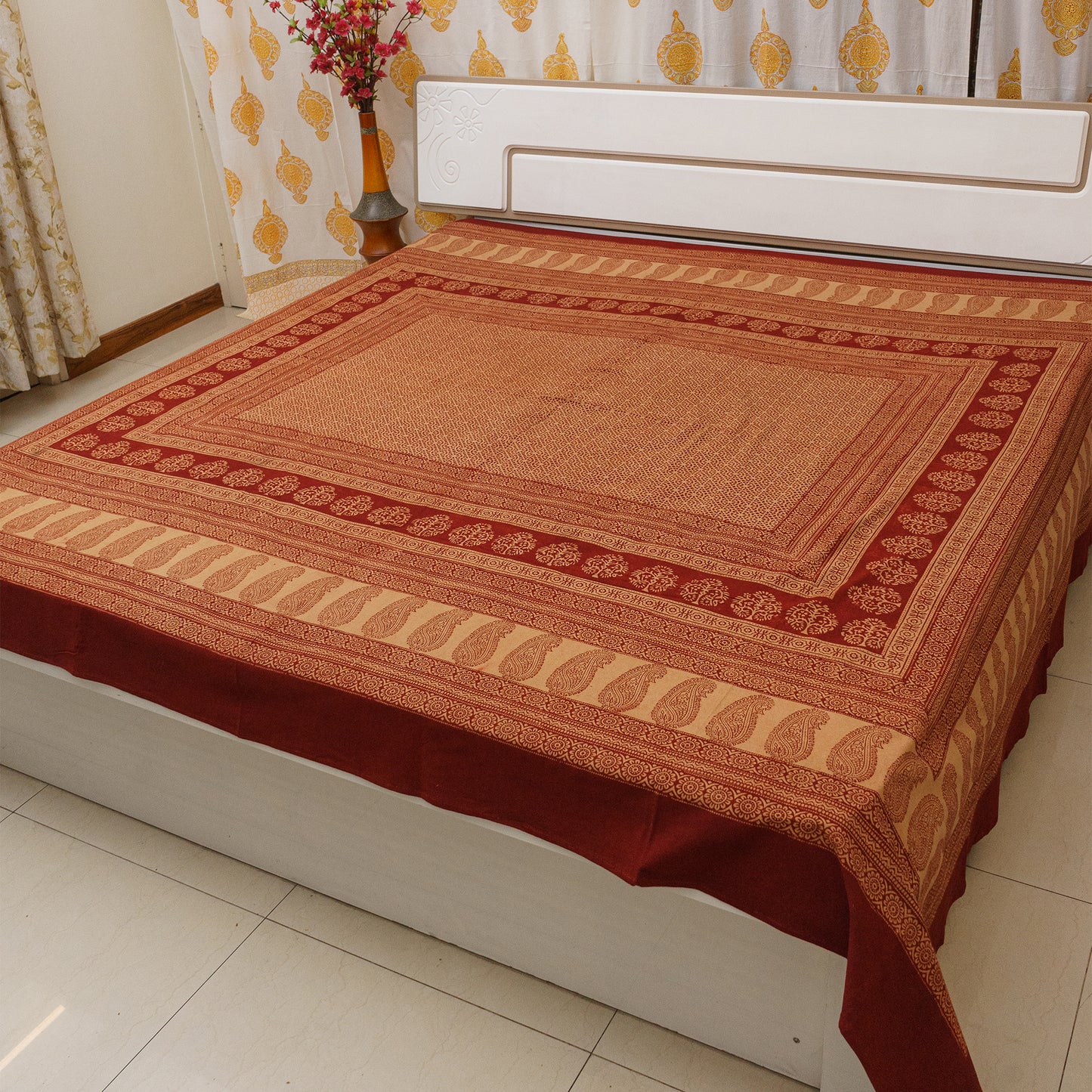 Warm Tan Bagh Block Printed Double Bedcover