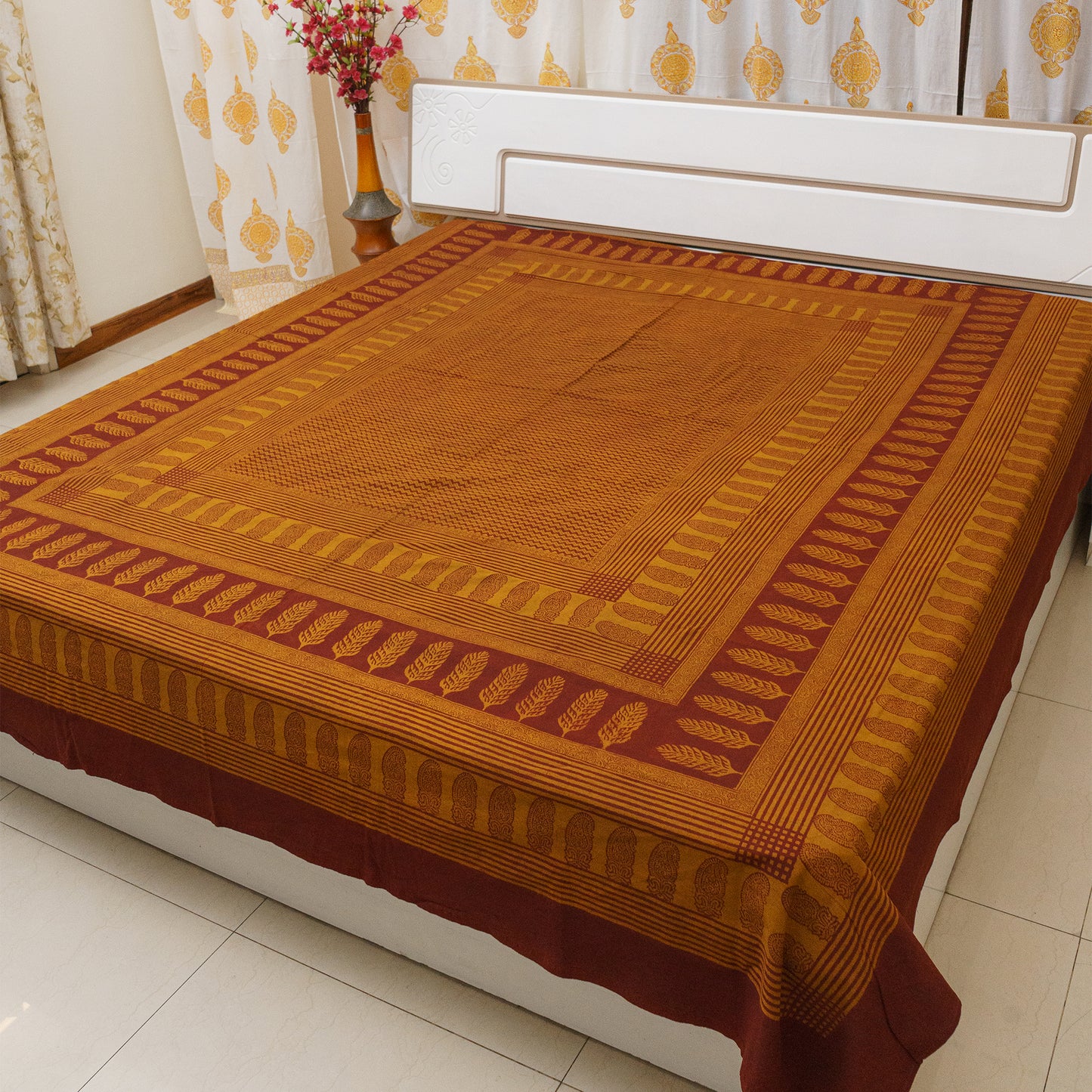 Caramel and Coffee Bagh Block Printed Double Bedcover