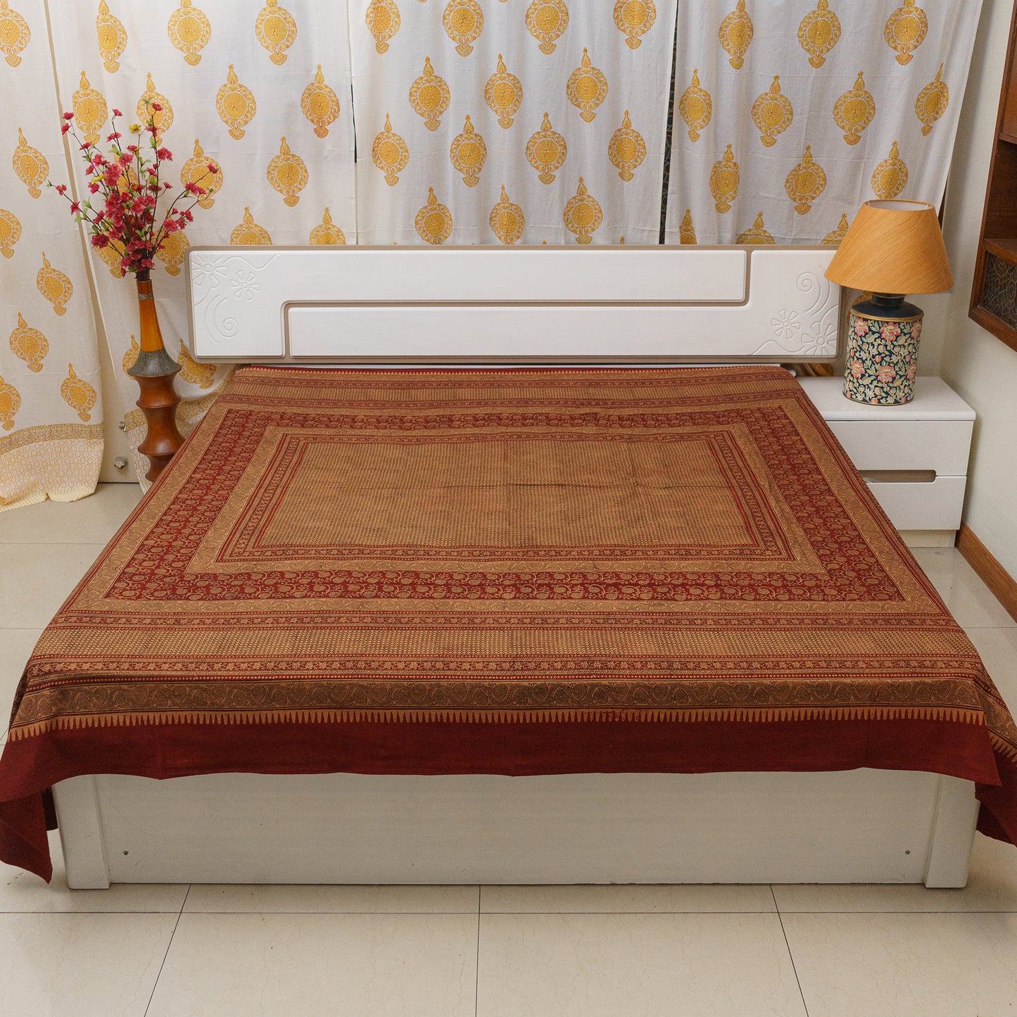 Honey Almond Bagh Block Printed Double Bedcover