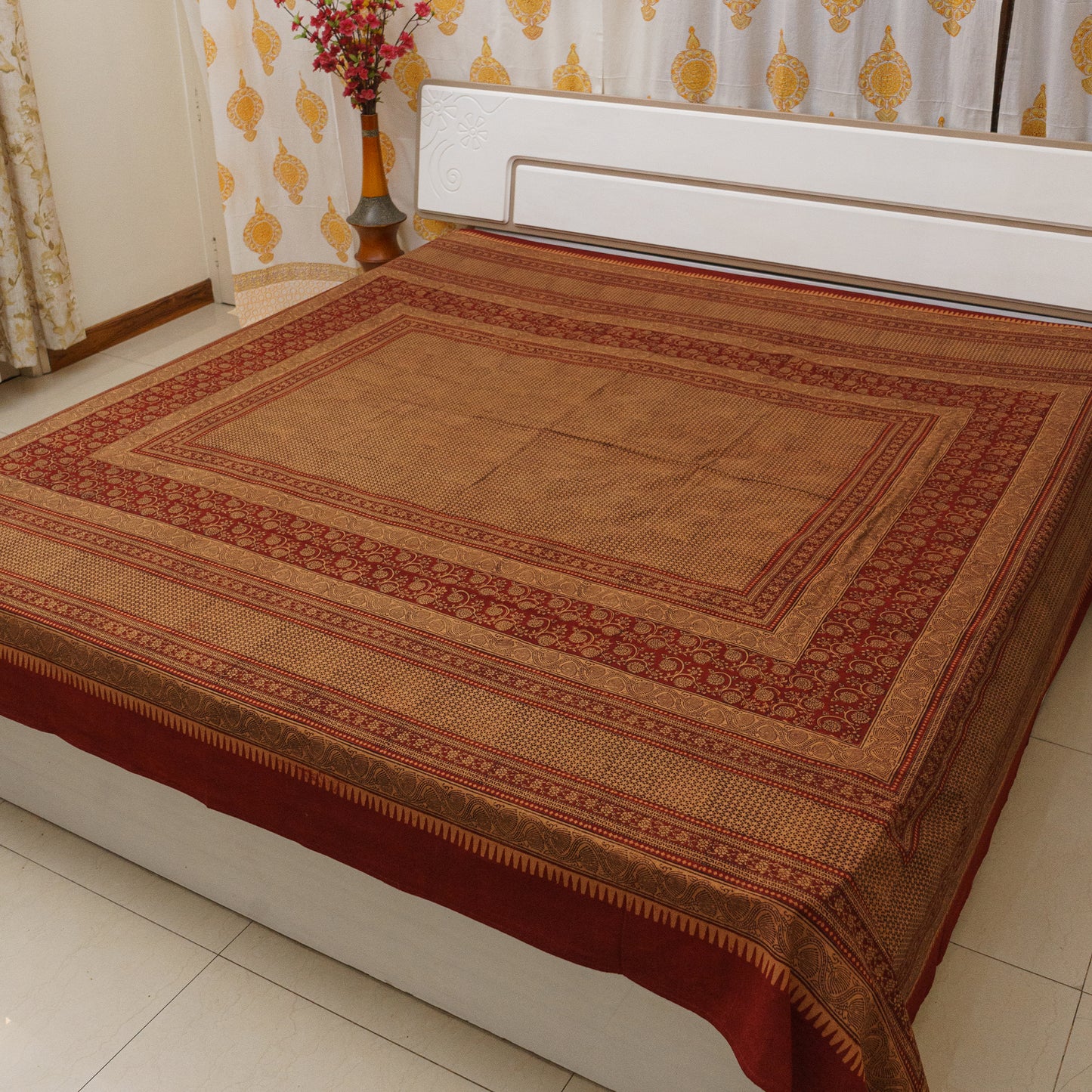 Honey Almond Bagh Block Printed Double Bedcover