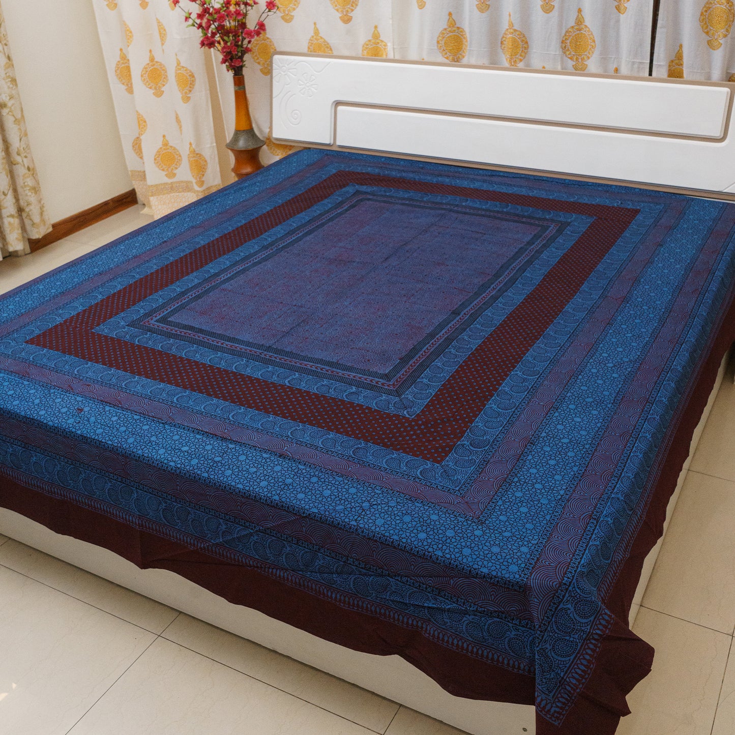 Mid Night Blue Bagh Block Printed Double Bedcover