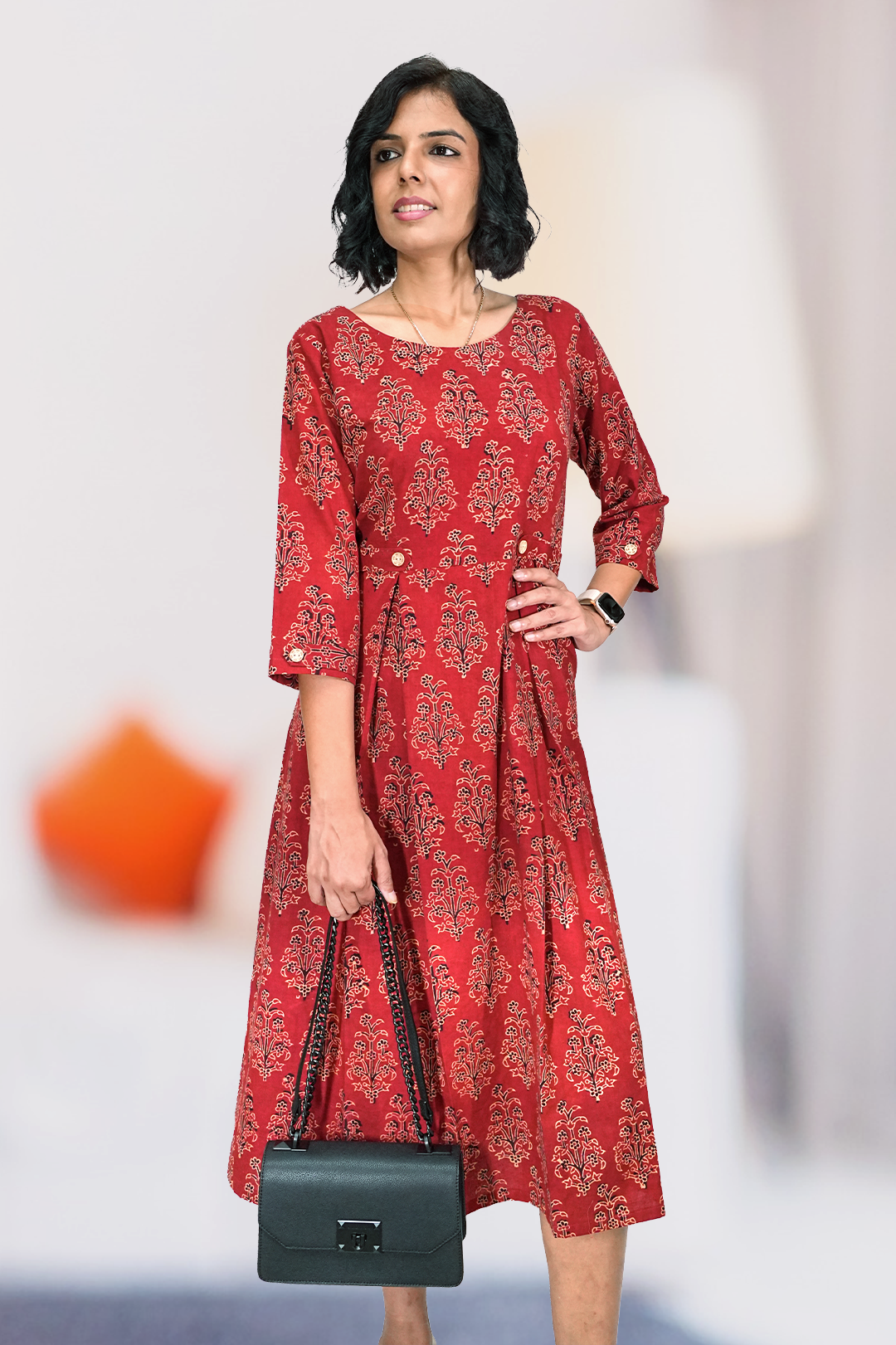 Maroon Floral Hand Block Printed Dress