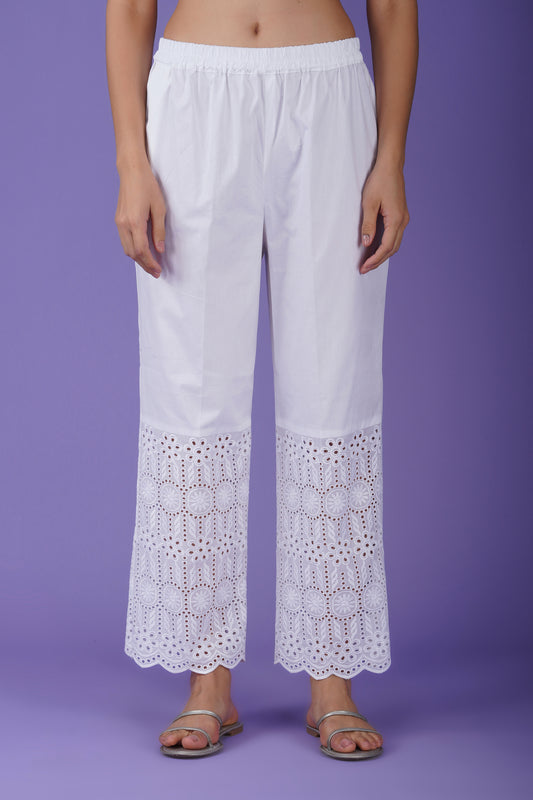 Pure Cotton White Palazzo with Broad Hakoba Lace