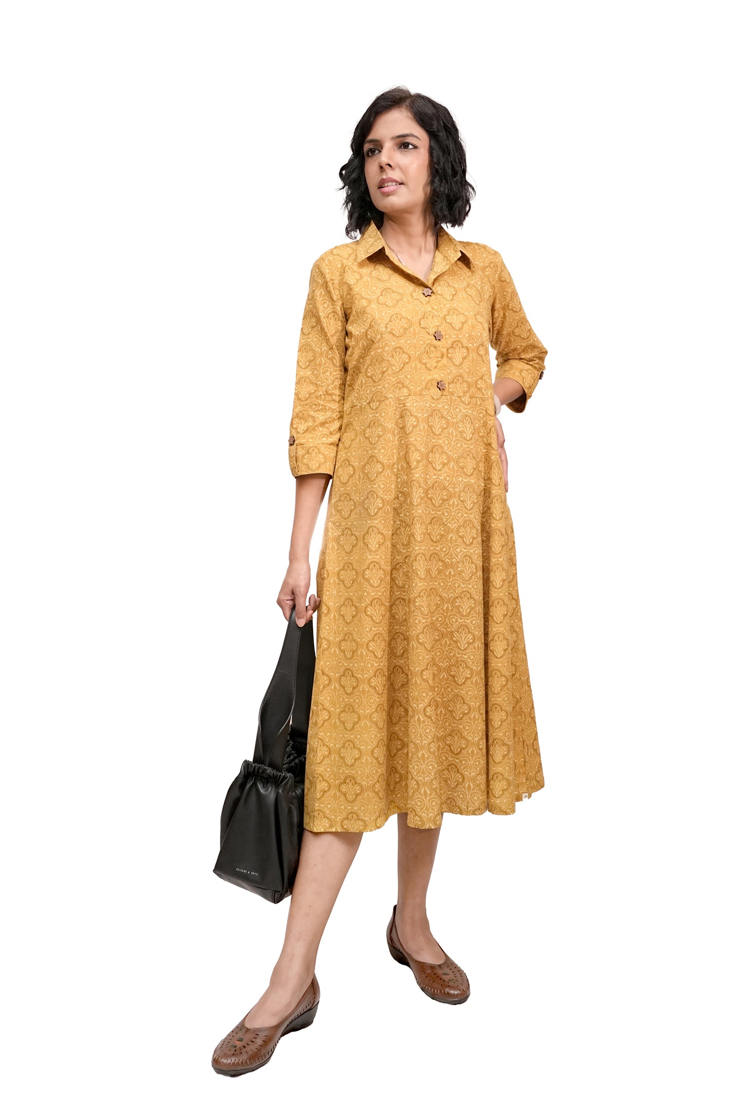 Mustard Ajrakh Collared Cotton Dress