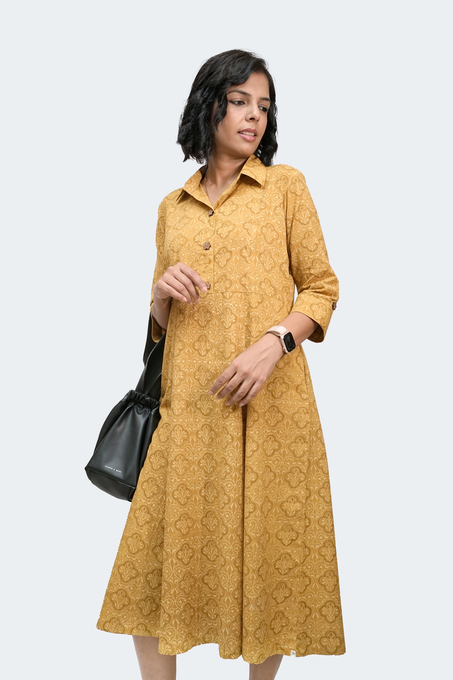 Mustard Ajrakh Collared Cotton Dress