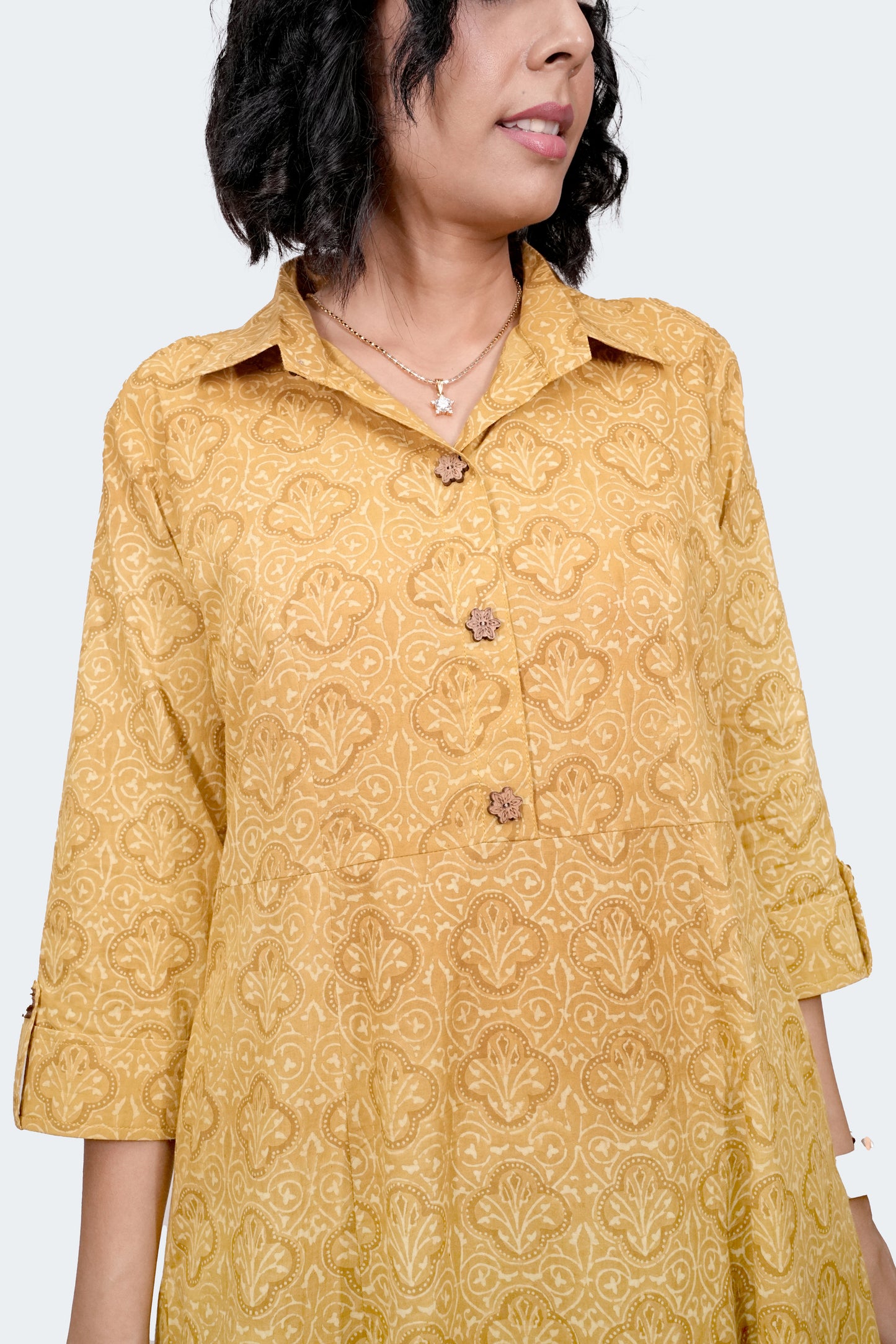 Mustard Ajrakh Collared Cotton Dress