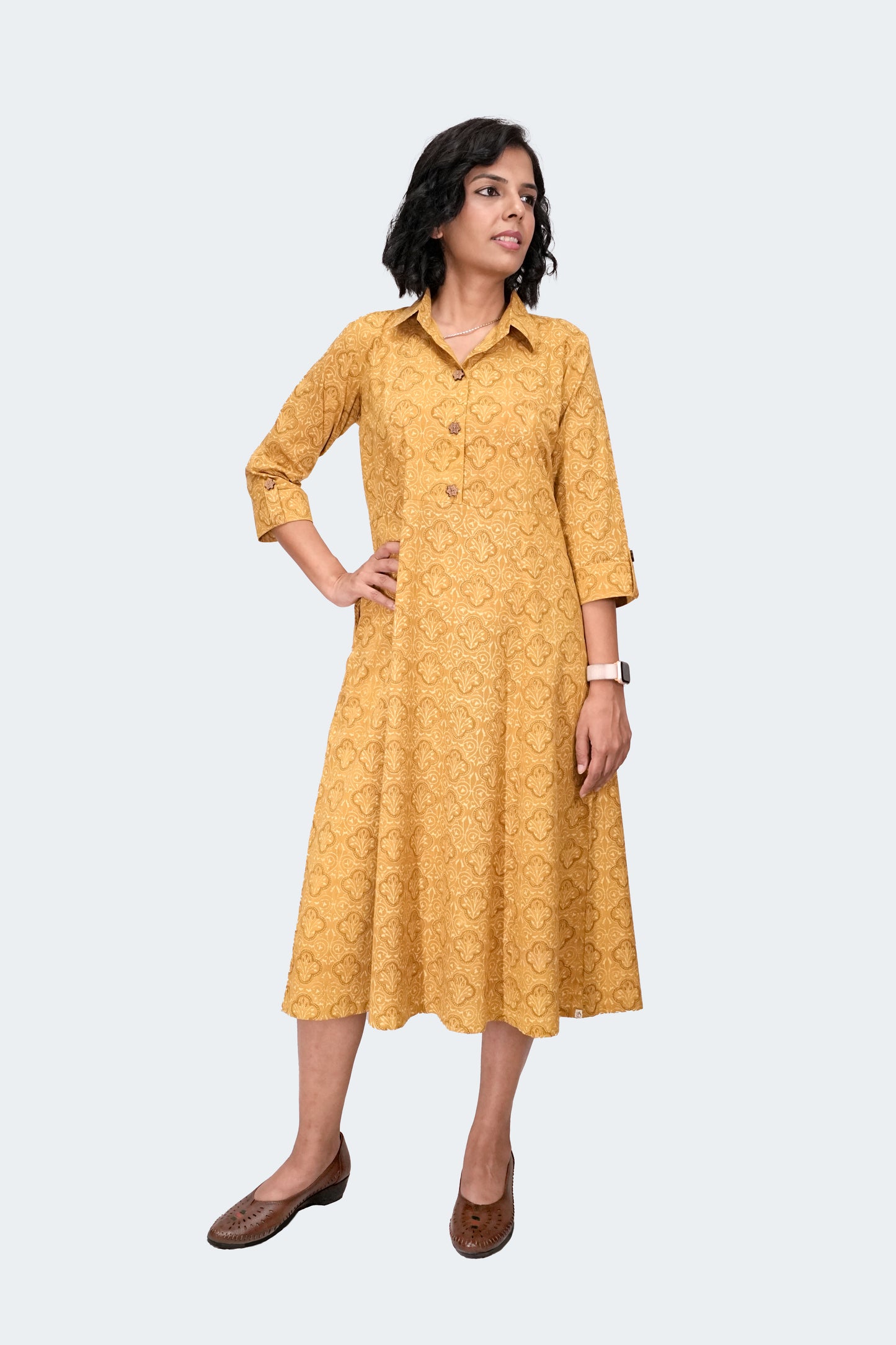 Mustard Ajrakh Collared Cotton Dress