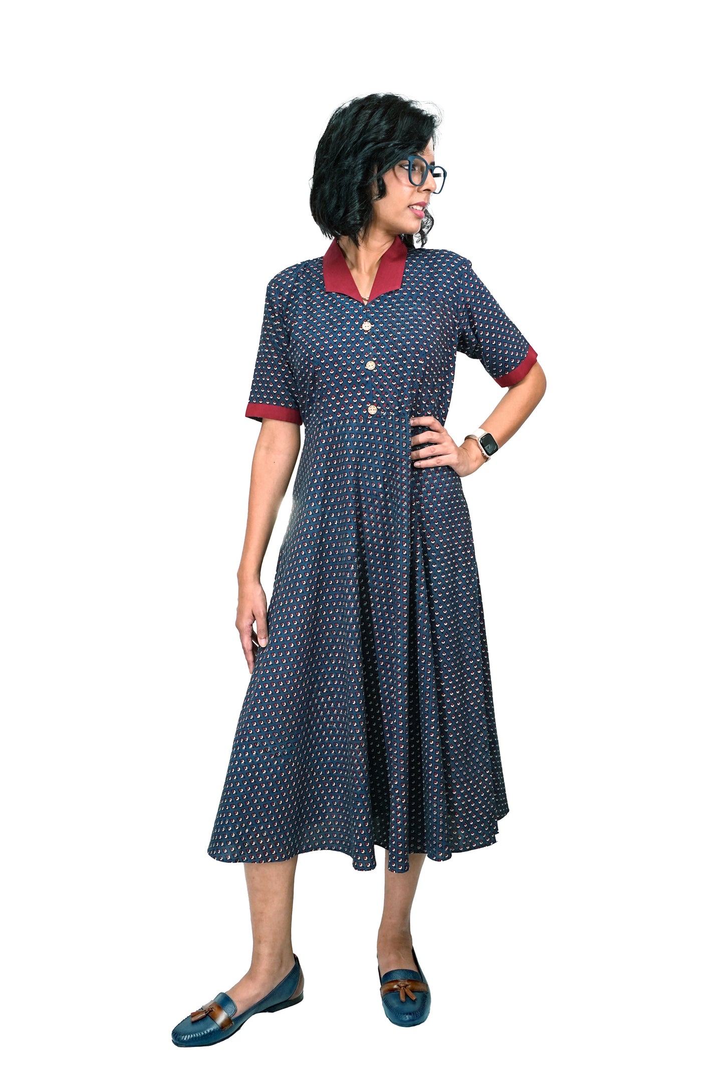 Navy Ajrakh Collared Dress