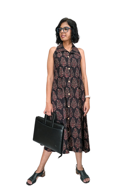 Black Floral Hand Block Printed Dress