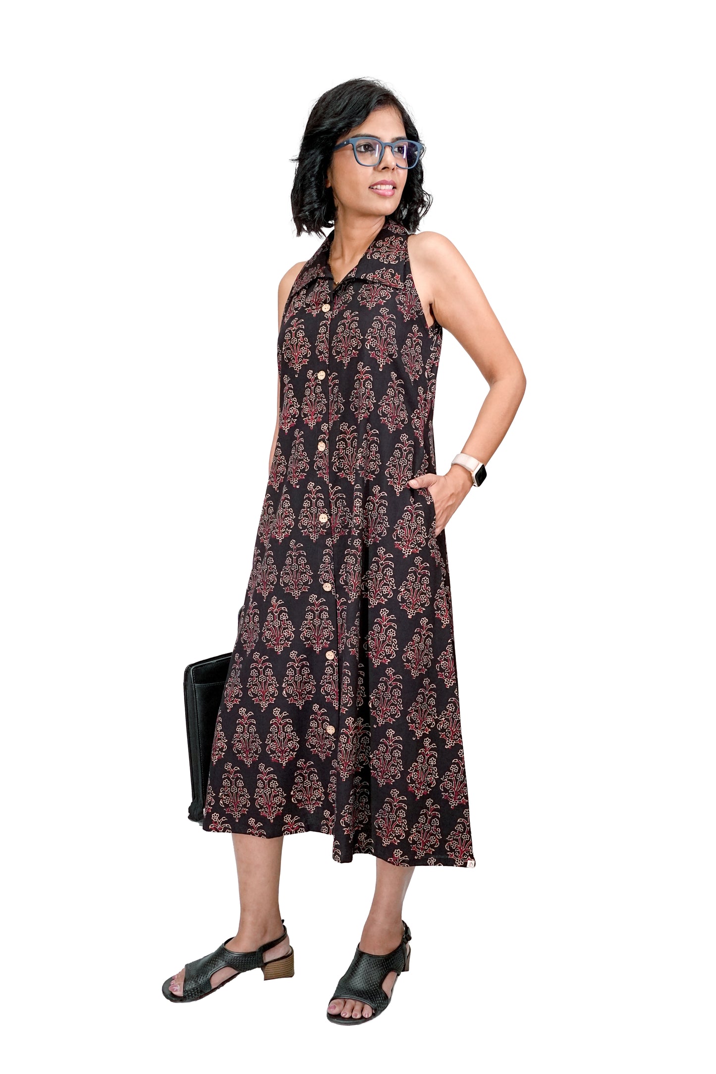 Black Floral Hand Block Printed Dress