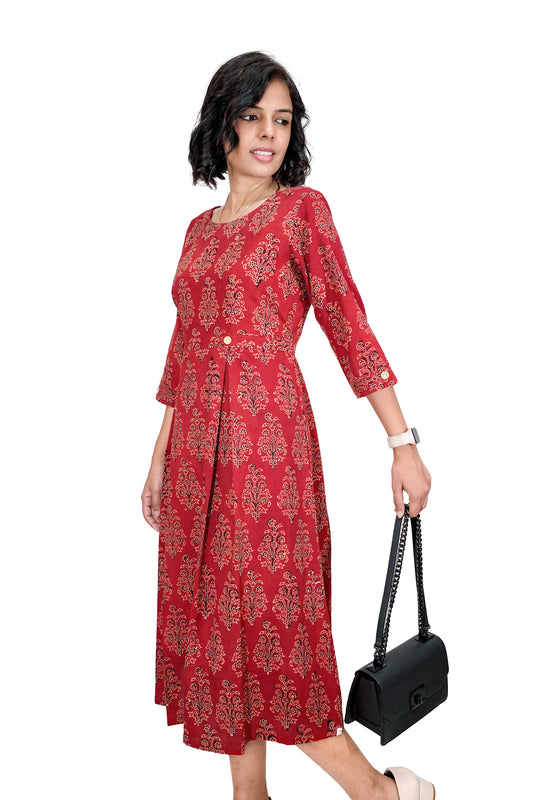 Maroon Floral Hand Block Printed Dress