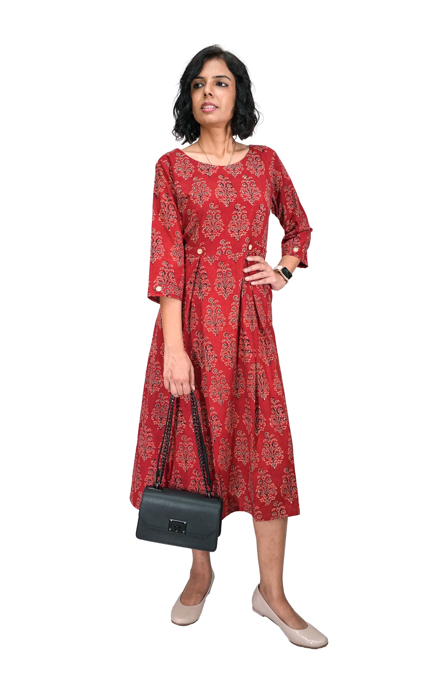 Maroon Floral Hand Block Printed Dress