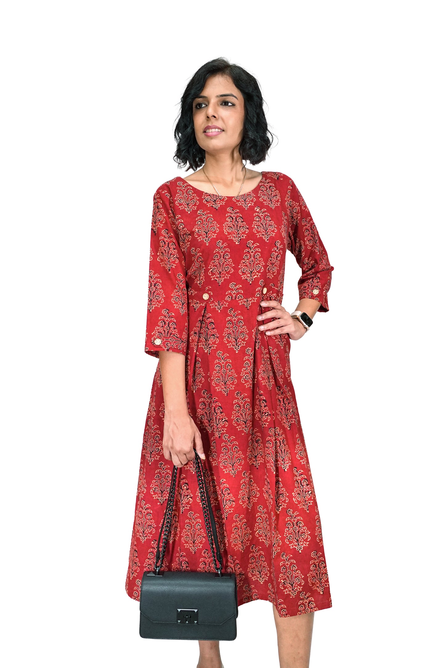 Maroon Floral Hand Block Printed Dress