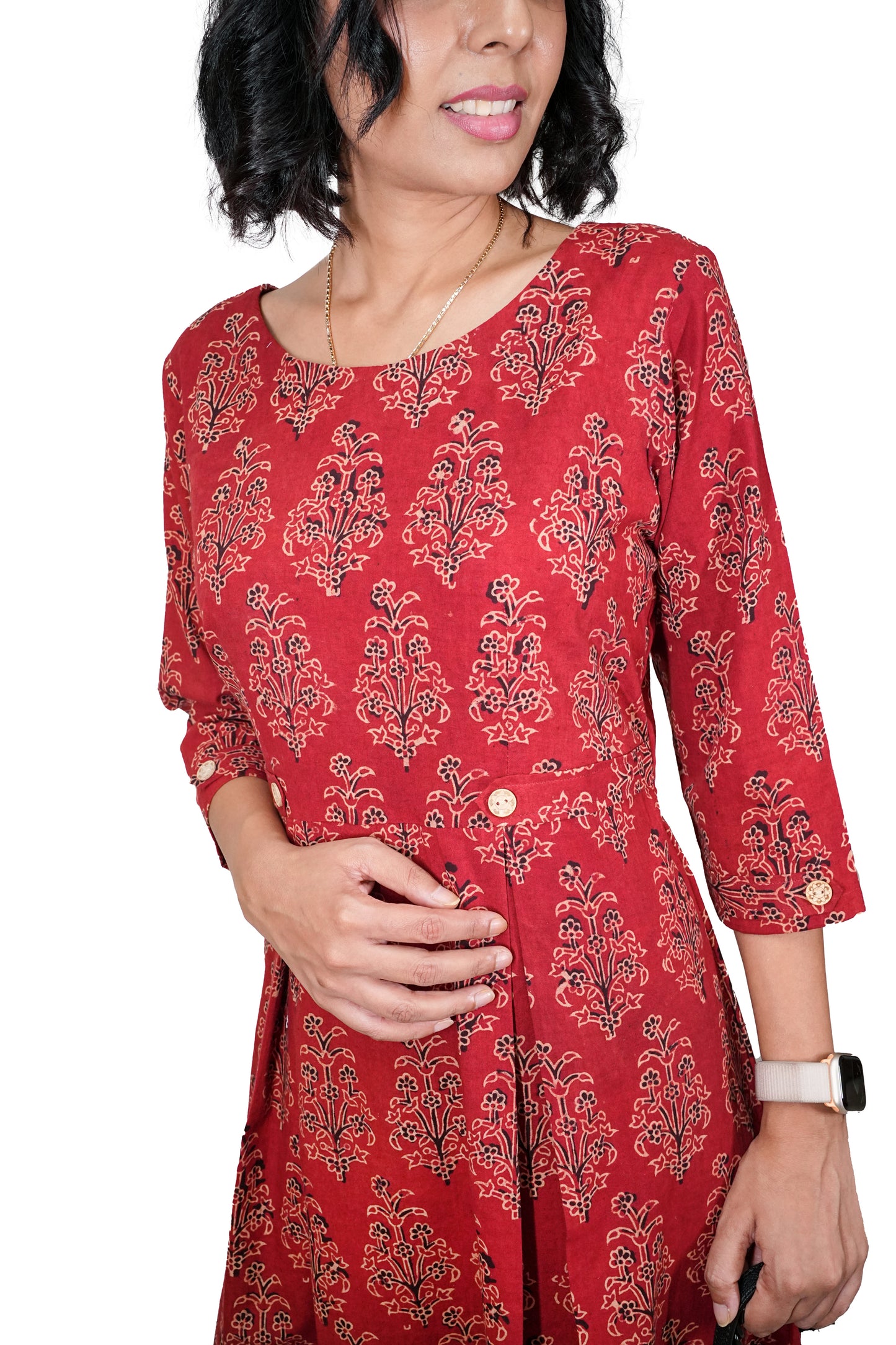 Maroon Floral Hand Block Printed Dress