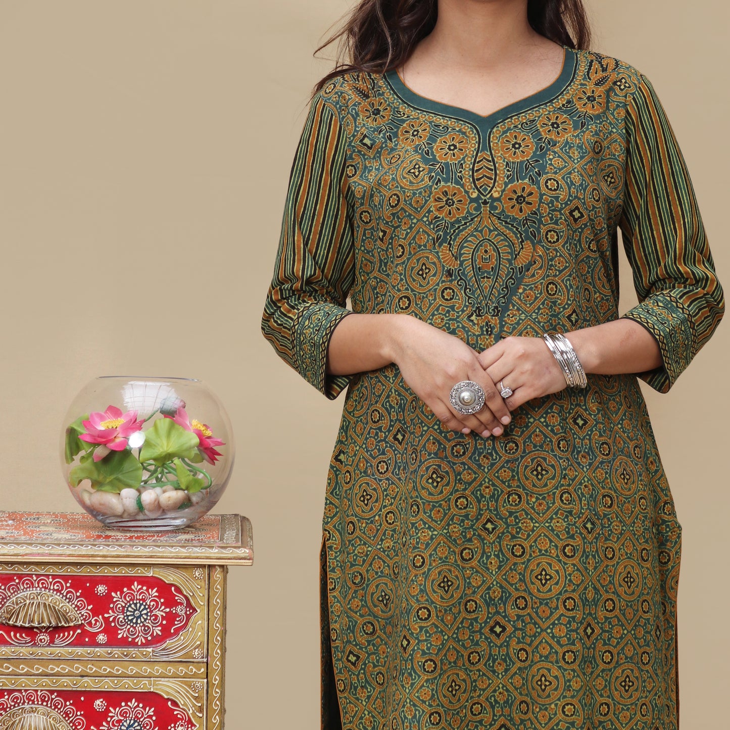 Lush Floral Ajrakh Hand Block Kurta